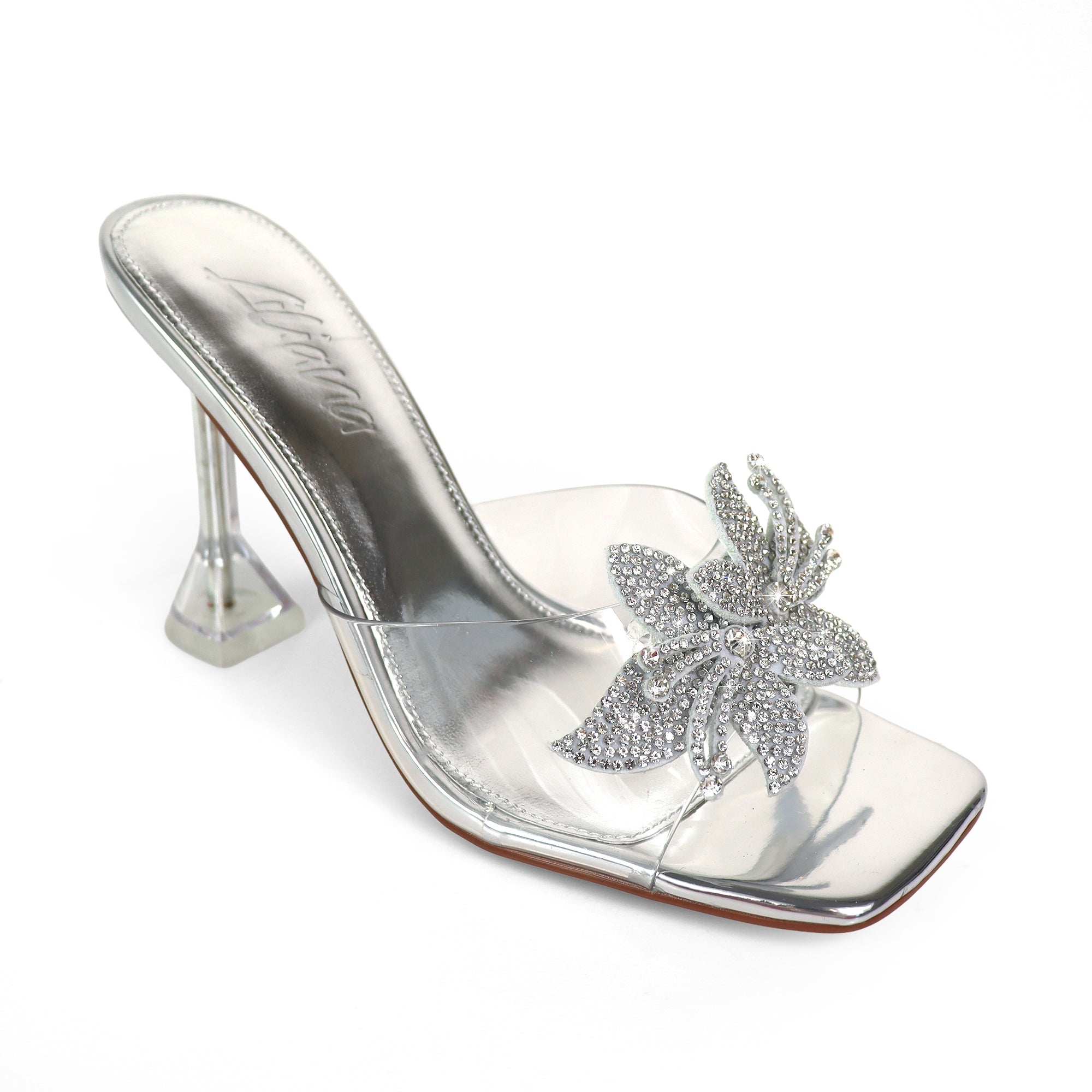 APRIL-1  RHINSTONE FLOWER W/ CRYSTAL SPOOL HEEL SILVER