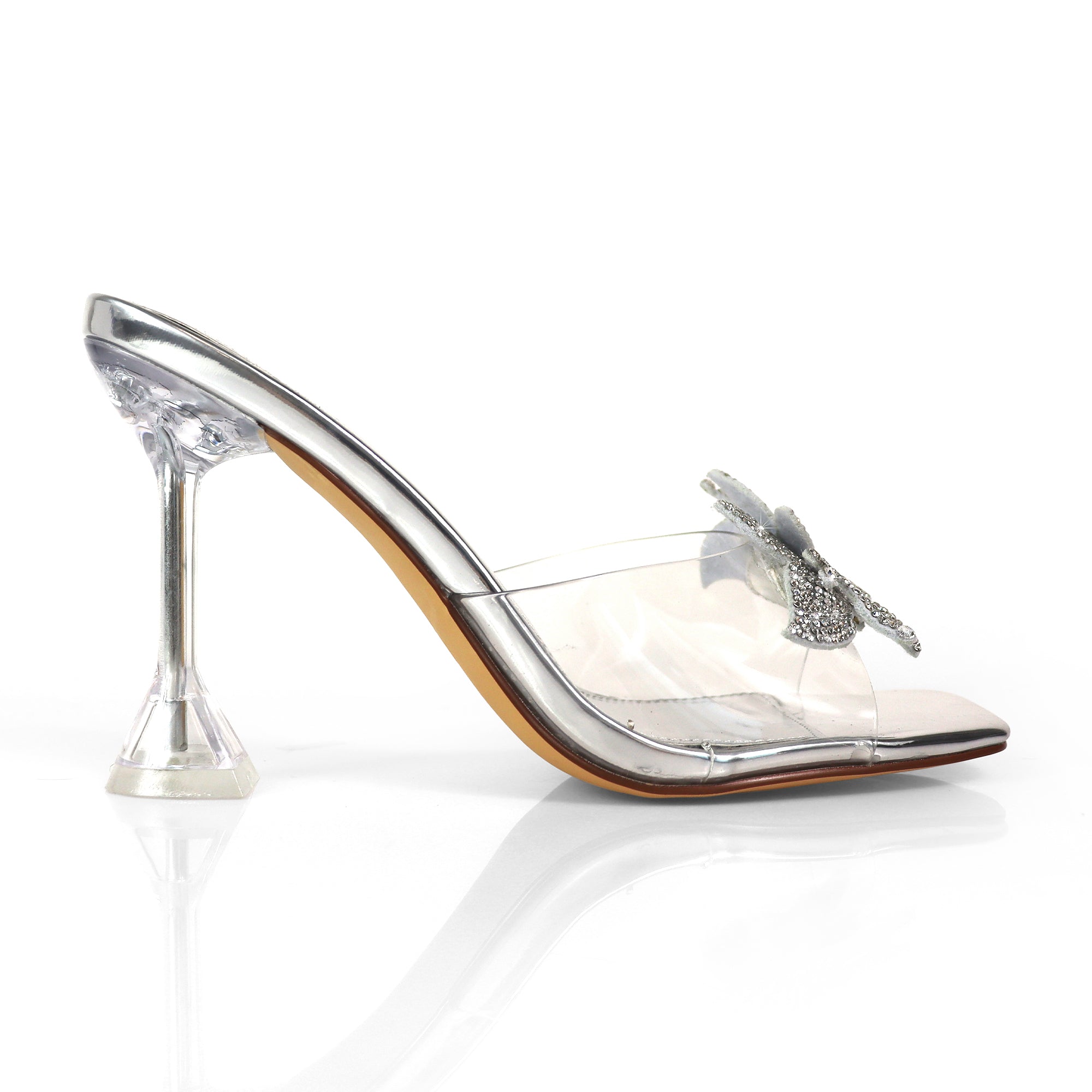 APRIL-1  RHINSTONE FLOWER W/ CRYSTAL SPOOL HEEL SILVER