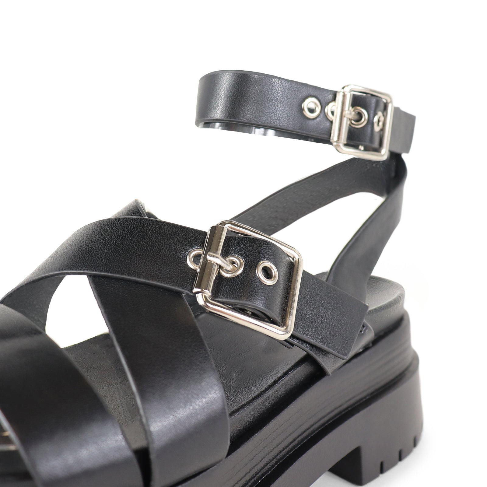 ARCHIE-1 CHUNCKY CROSS STRAP ANKLE BUCKLE SANDAL BLACK