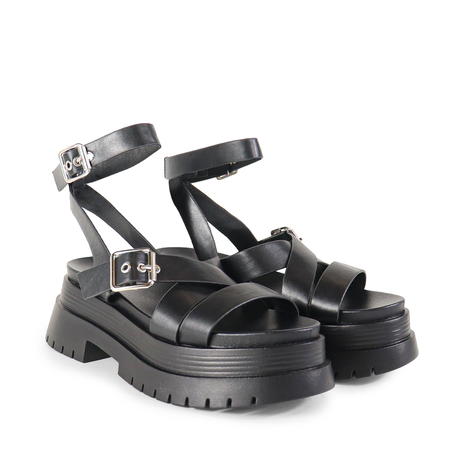 ARCHIE-1 CHUNCKY CROSS STRAP ANKLE BUCKLE SANDAL BLACK