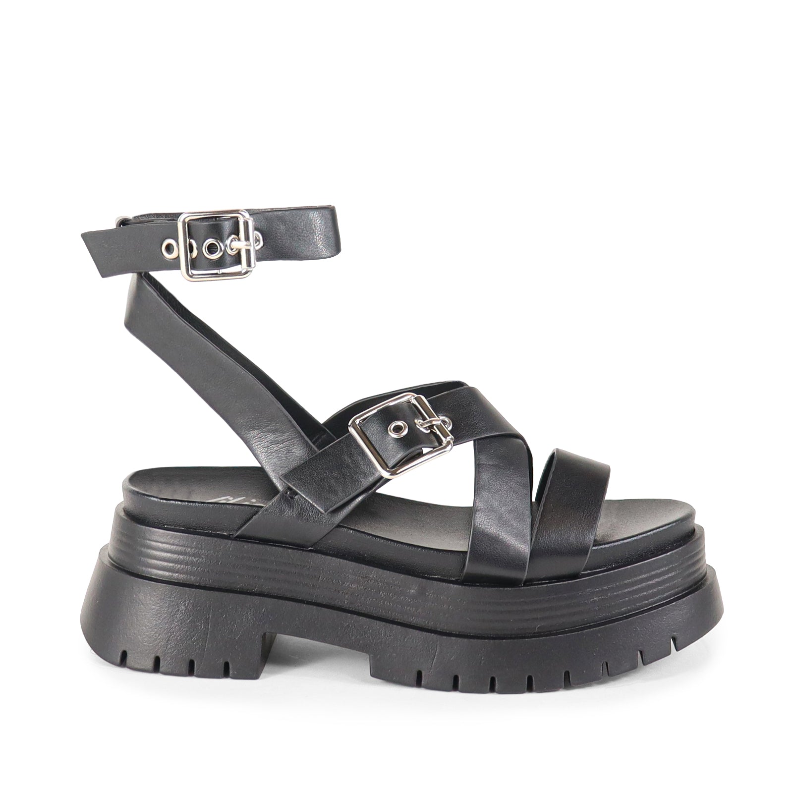 ARCHIE-1 CHUNCKY CROSS STRAP ANKLE BUCKLE SANDAL BLACK