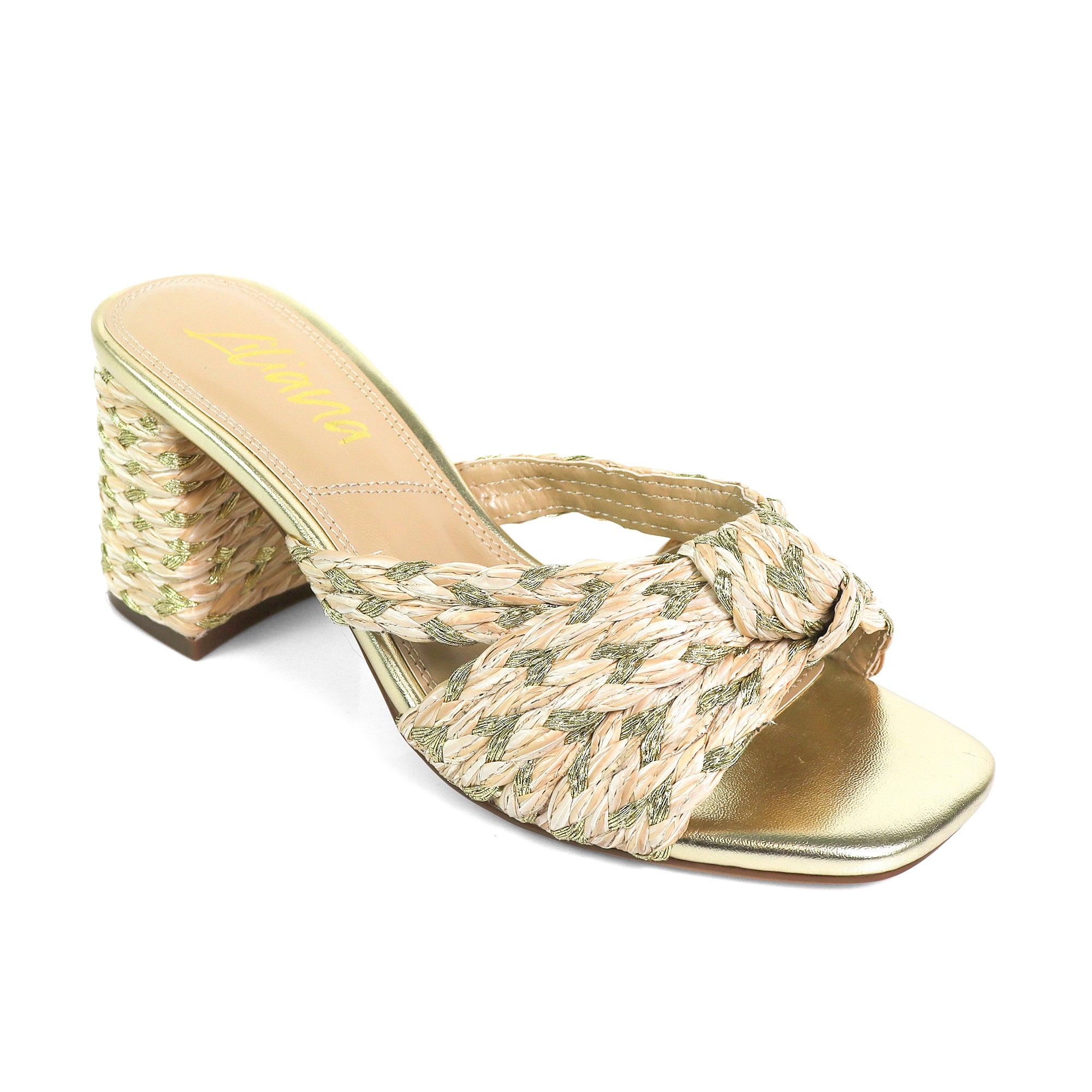 ASHLEY-1 RAFFIA W CHUNCKY HEEL GOLD