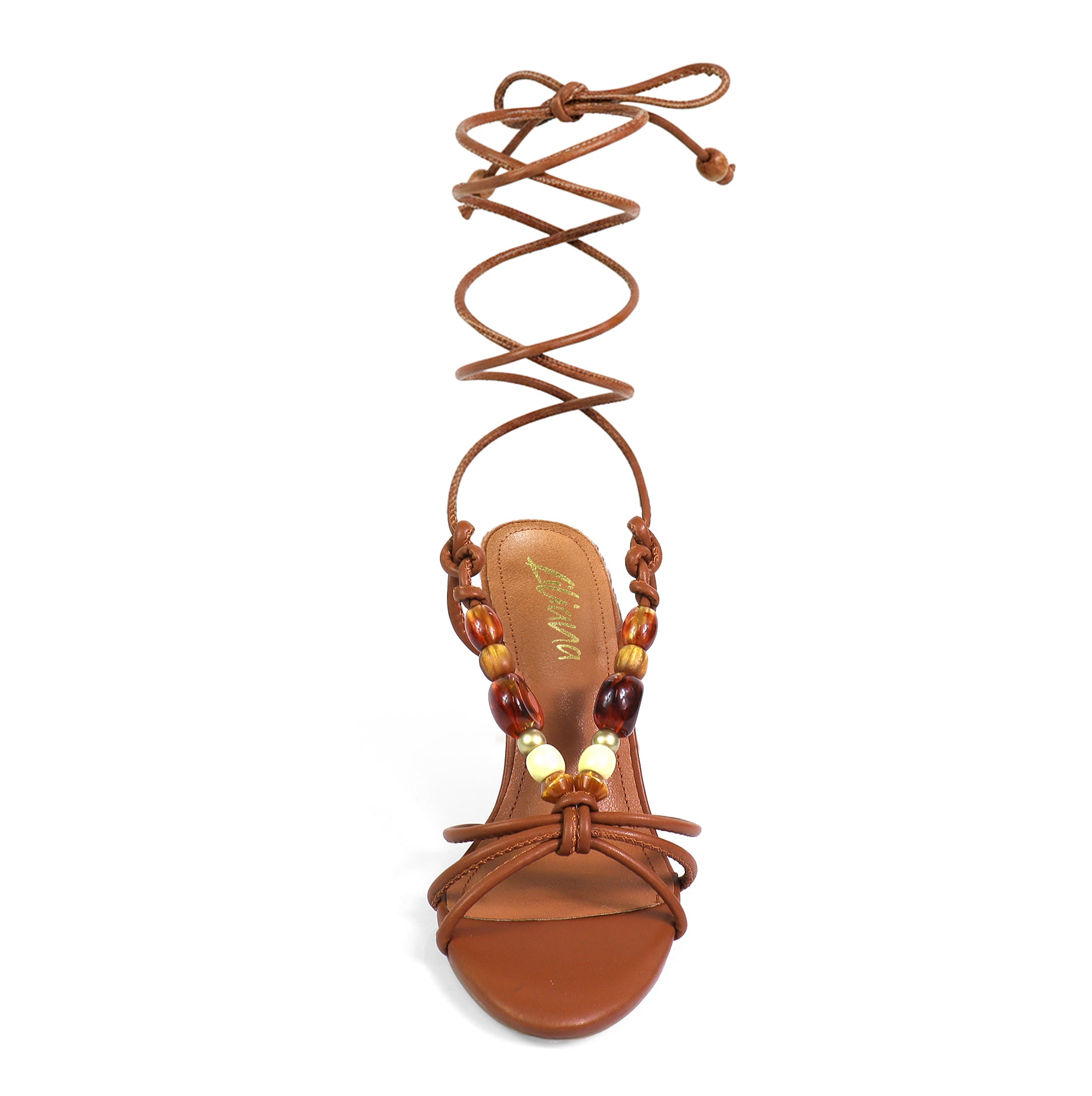 ASSA-2 BEADS ANCKLE STRAPPY W/ HEEL TAN