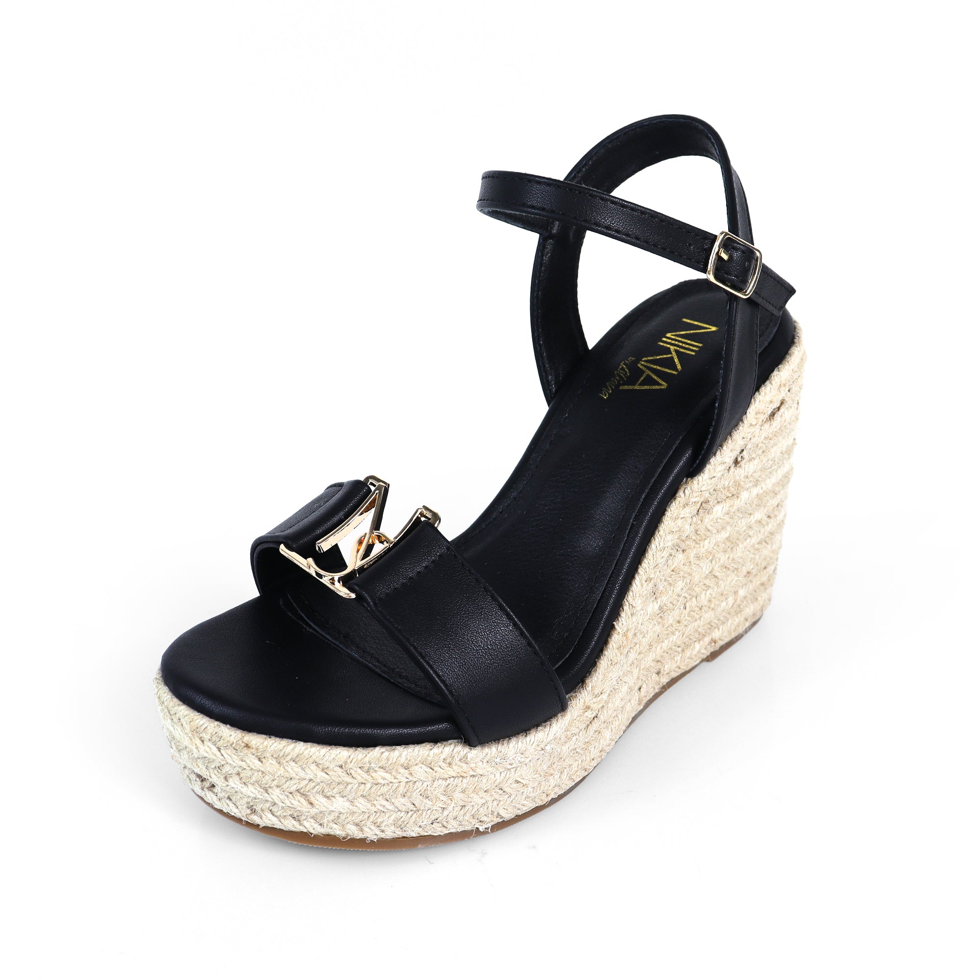 ASTRA-1 OPEN TOE ANJLE STRAP W/ ESPADRILLE WEDGE SANDAL BLACK