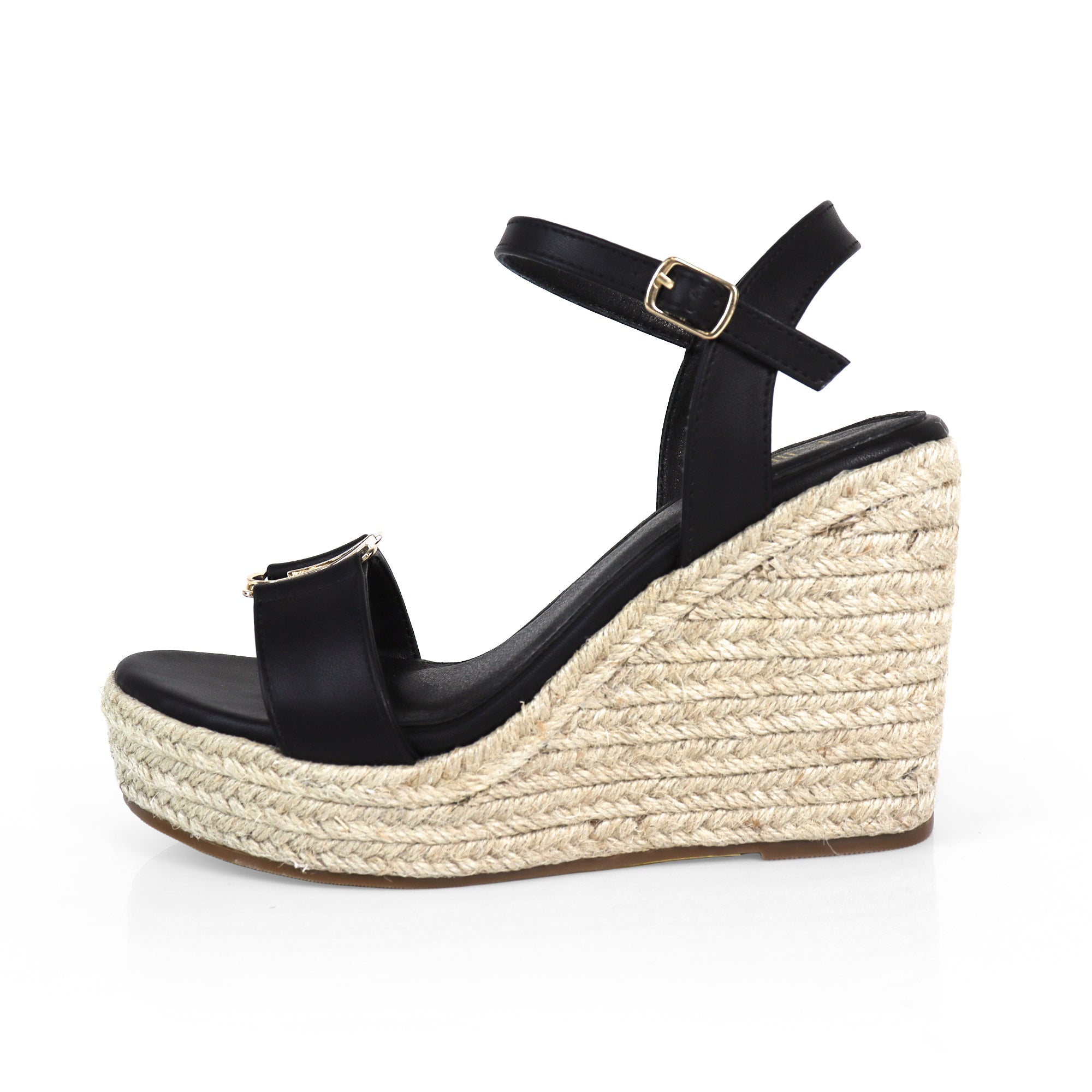 ASTRA-1 OPEN TOE ANJLE STRAP W/ ESPADRILLE WEDGE SANDAL BLACK