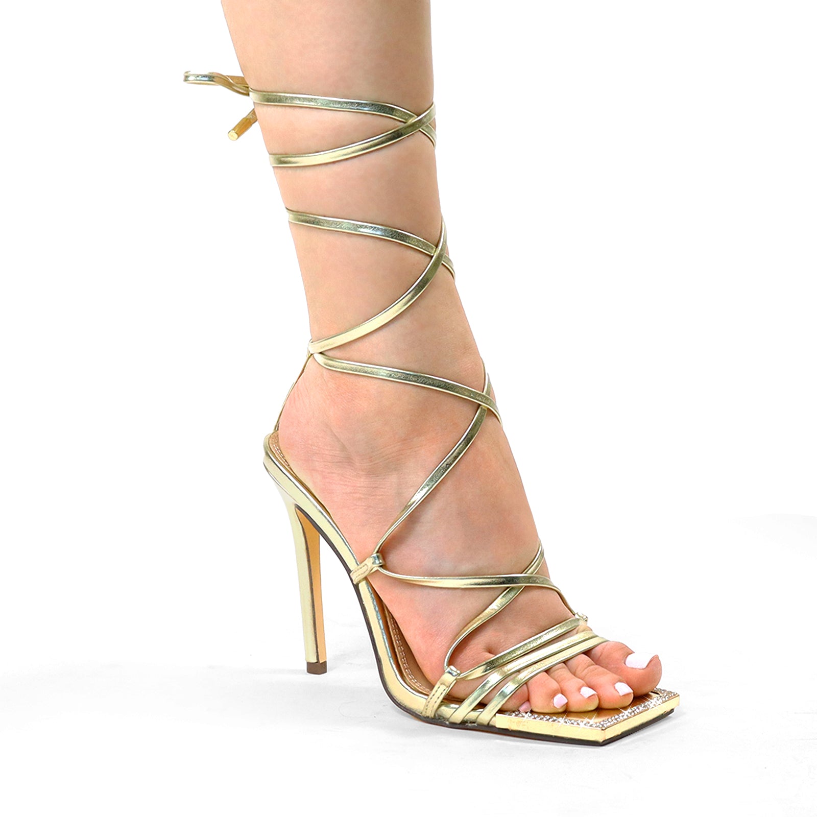 AVIA-4 RHINESTONE SQUARE TOE CAP STRAPPY ANKLE GOLD