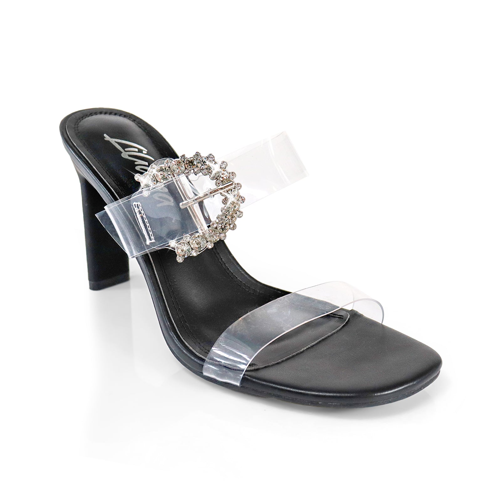 AYRA-1 CLEAR VINYL W/RHINESTONE BUCKLE STRAP HEELED BLACK