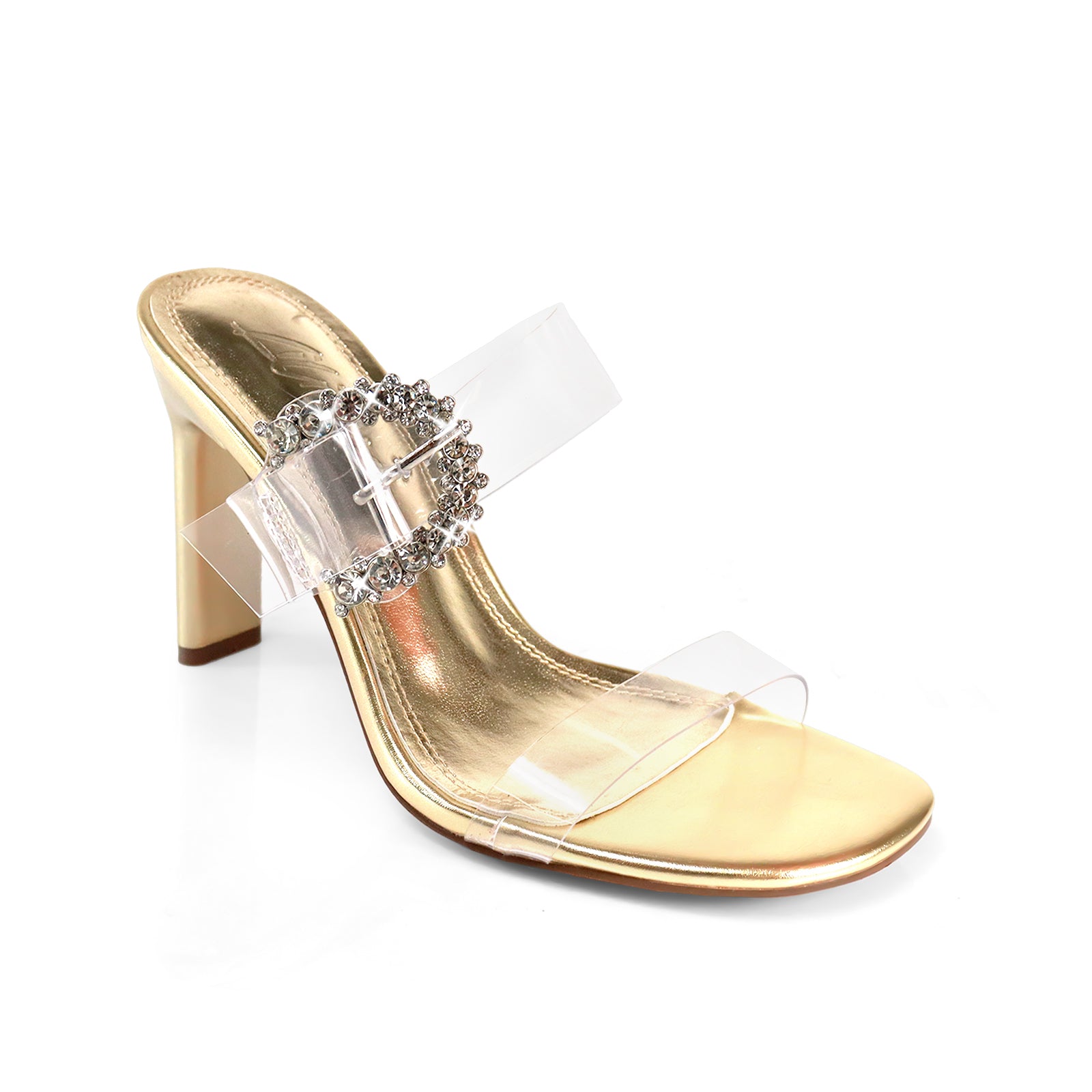 AYRA-1 CLEAR VINYL W/RHINESTONE BUCKLE STRAP HEELED GOLD