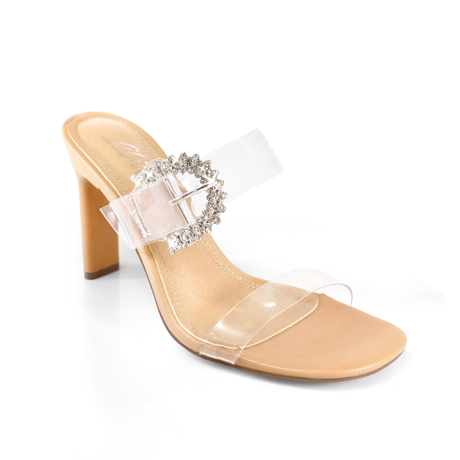 AYRA-1 CLEAR VINYL W/RHINESTONE BUCKLE STRAP HEELED NUDE