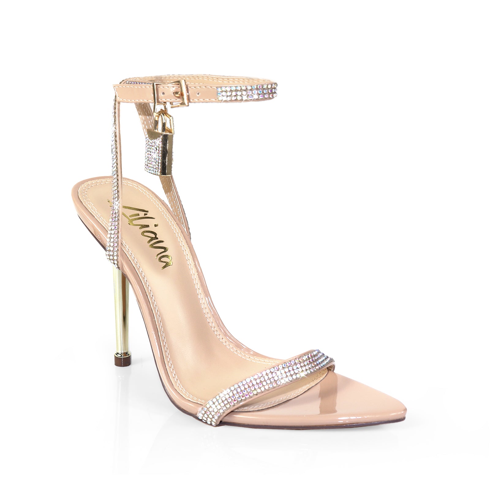 BANKS-22 POINTED TOE RHINESTONE ANKLE STRAP W/ MATEL PENCIL HEEL NUDE