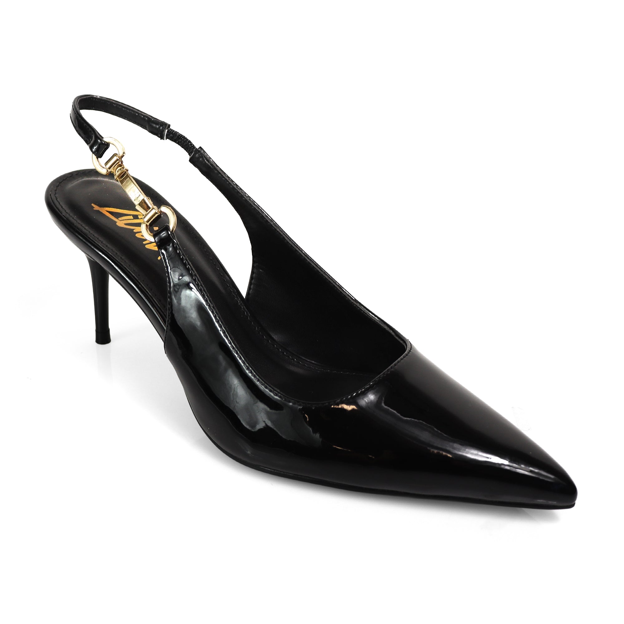 BARBARA-1 POINTED TOE HORSEBIT SLINGBACK PUMP W/ KITTEN HEEL BLACK