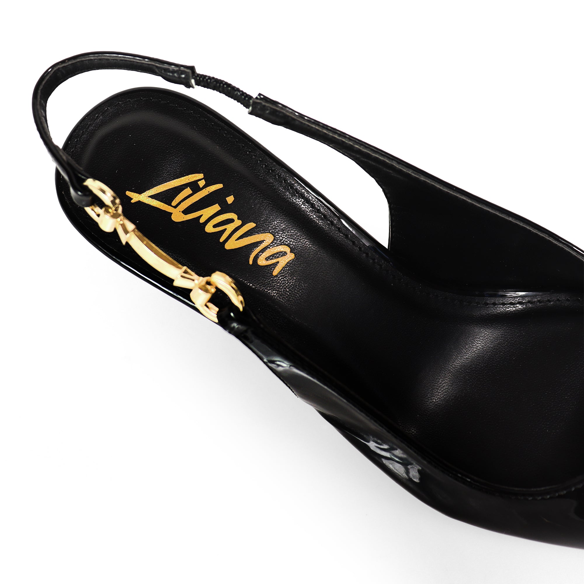 BARBARA-1 POINTED TOE HORSEBIT SLINGBACK PUMP W/ KITTEN HEEL BLACK