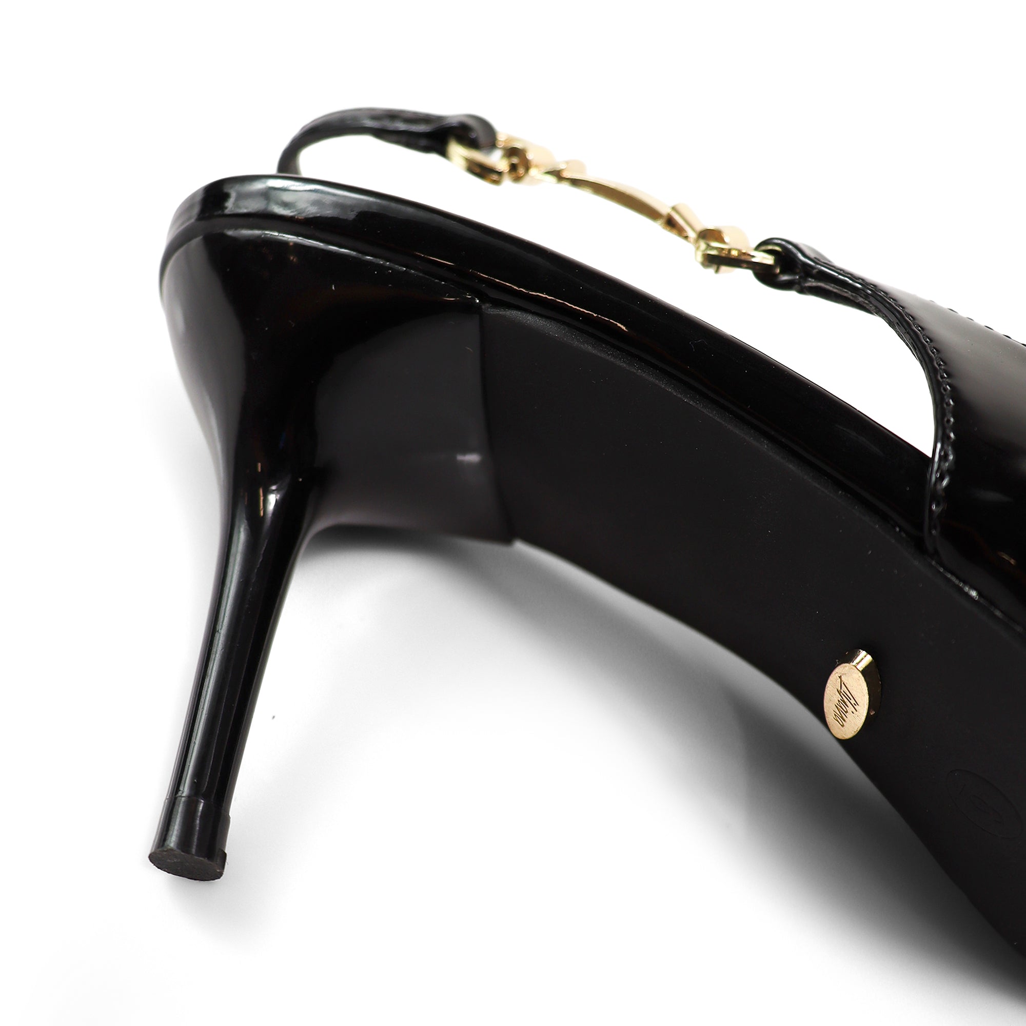 BARBARA-1 POINTED TOE HORSEBIT SLINGBACK PUMP W/ KITTEN HEEL BLACK