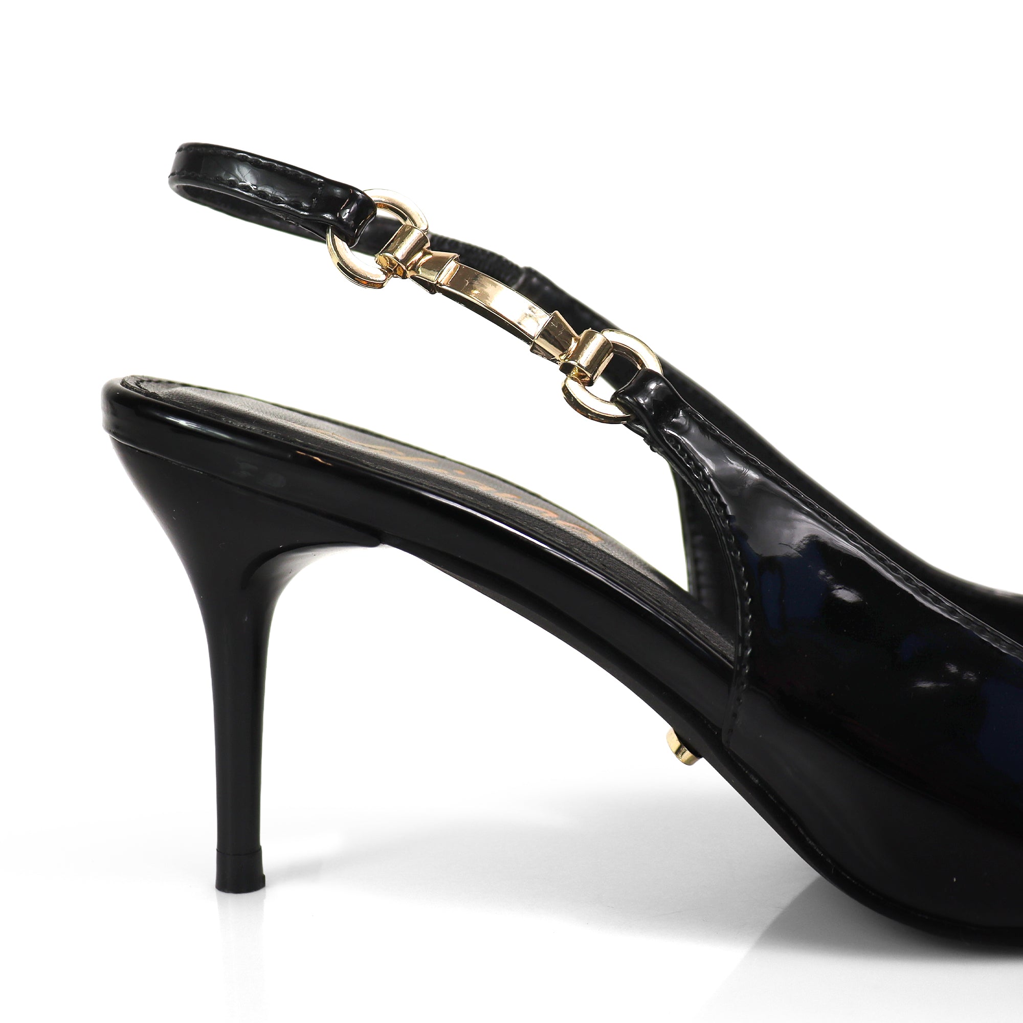 BARBARA-1 POINTED TOE HORSEBIT SLINGBACK PUMP W/ KITTEN HEEL BLACK