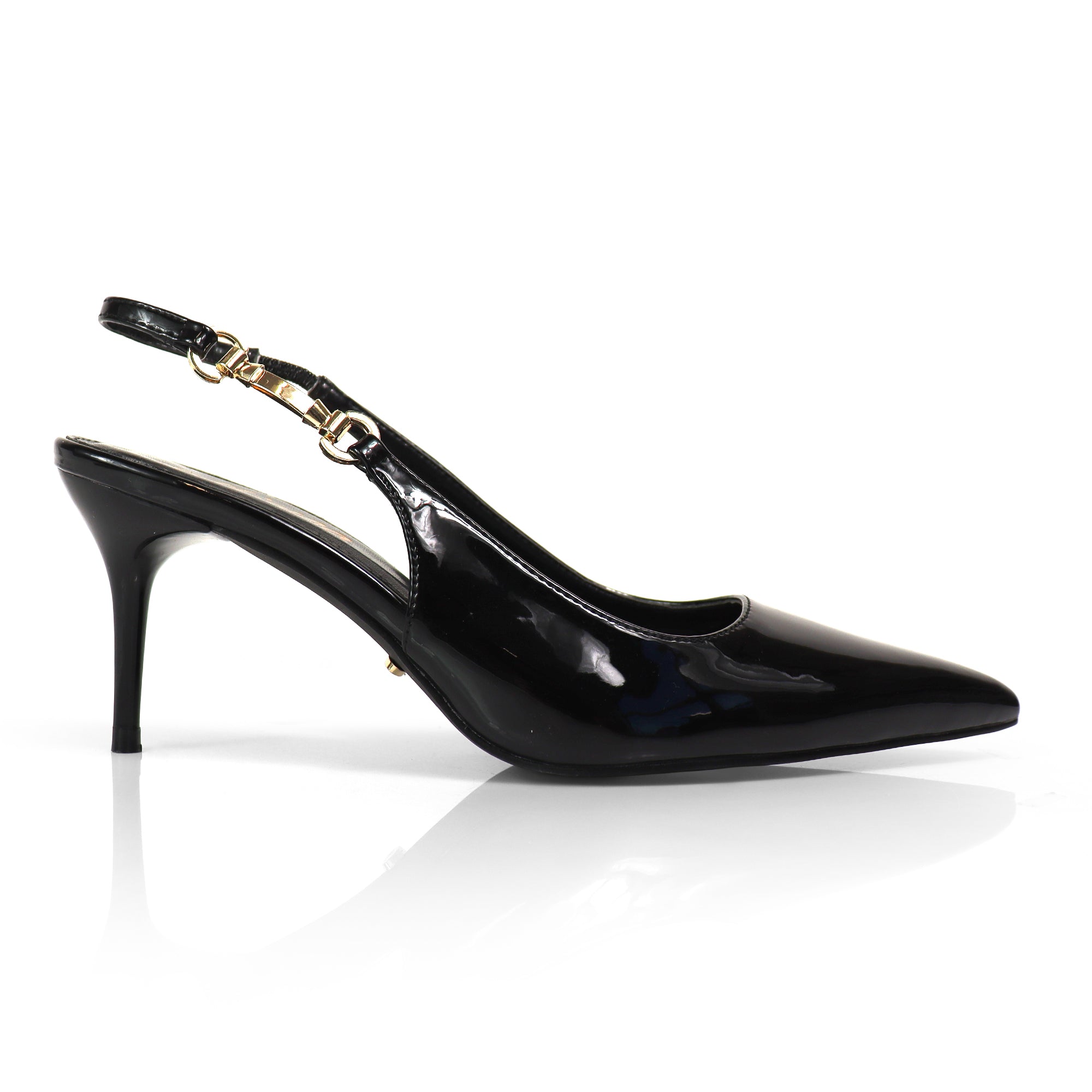 BARBARA-1 POINTED TOE HORSEBIT SLINGBACK PUMP W/ KITTEN HEEL BLACK