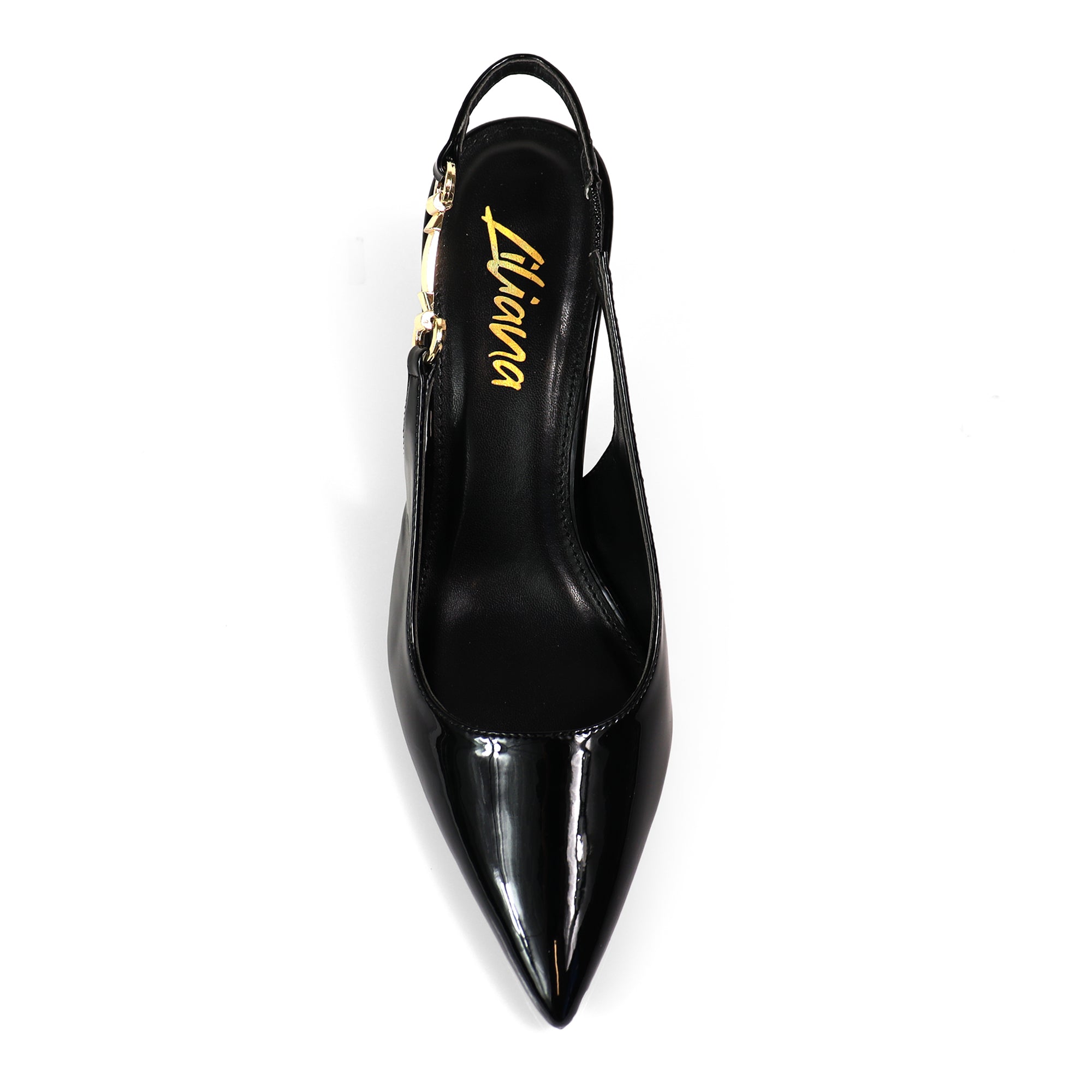 BARBARA-1 POINTED TOE HORSEBIT SLINGBACK PUMP W/ KITTEN HEEL BLACK