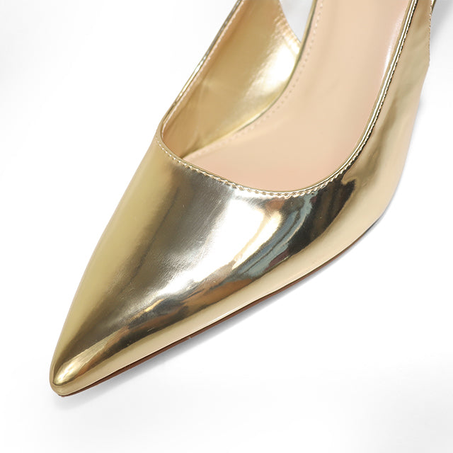 BARBARA-1 POINTED TOE HORSEBIT SLINGBACK PUMP W/ KITTEN HEEL GOLD