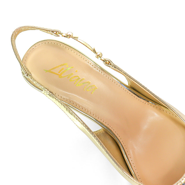 BARBARA-1 POINTED TOE HORSEBIT SLINGBACK PUMP W/ KITTEN HEEL GOLD