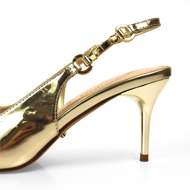 BARBARA-1 POINTED TOE HORSEBIT SLINGBACK PUMP W/ KITTEN HEEL GOLD