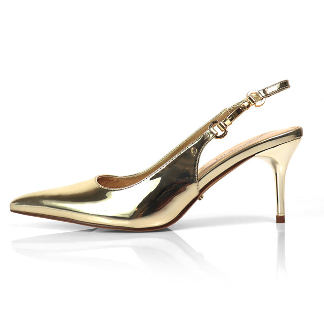 BARBARA-1 POINTED TOE HORSEBIT SLINGBACK PUMP W/ KITTEN HEEL GOLD