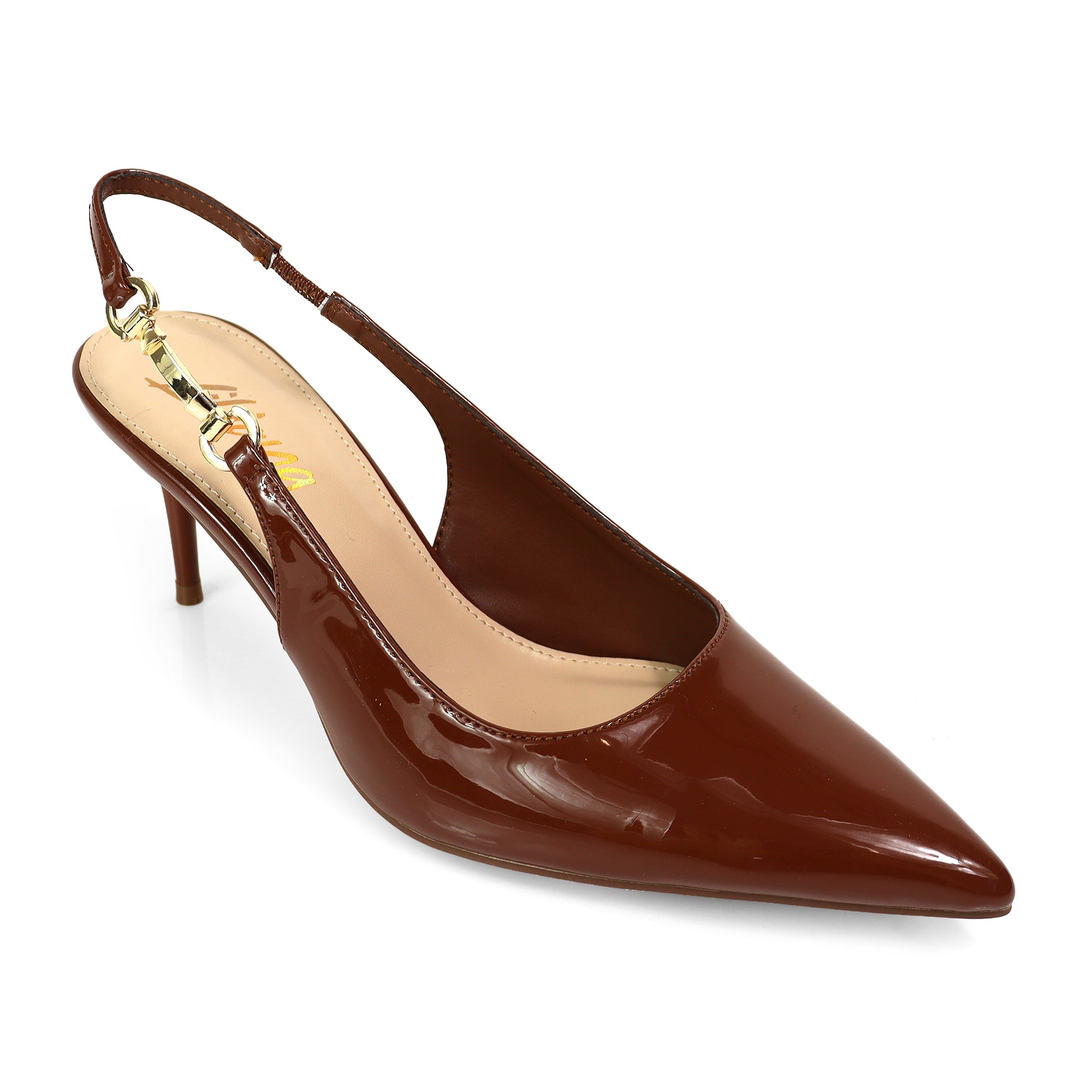 BARBARA-1 POINTED TOE HORSEBIT SLINGBACK PUMP W/ KITTEN HEEL MOCHA