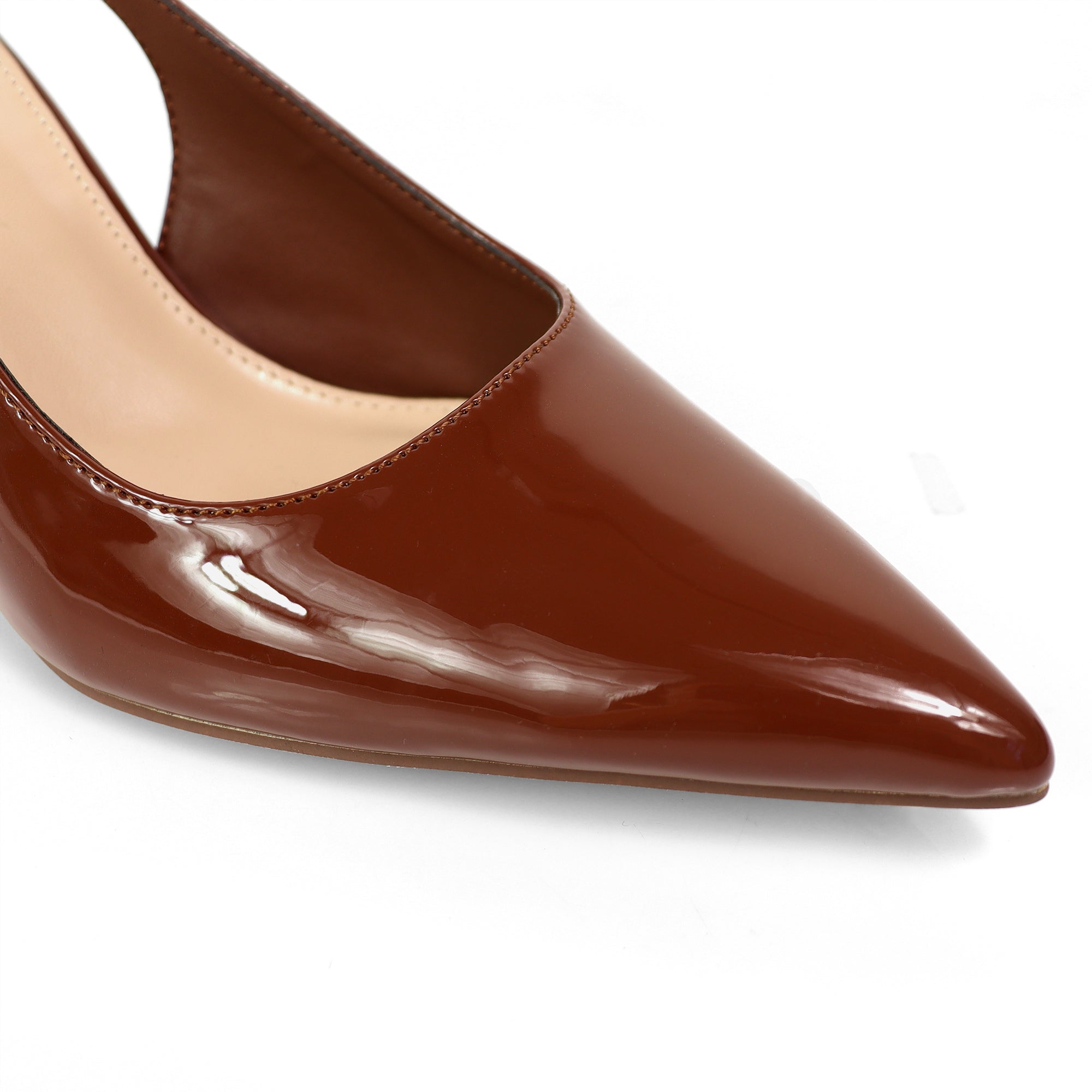 BARBARA-1 POINTED TOE HORSEBIT SLINGBACK PUMP W/ KITTEN HEEL MOCHA
