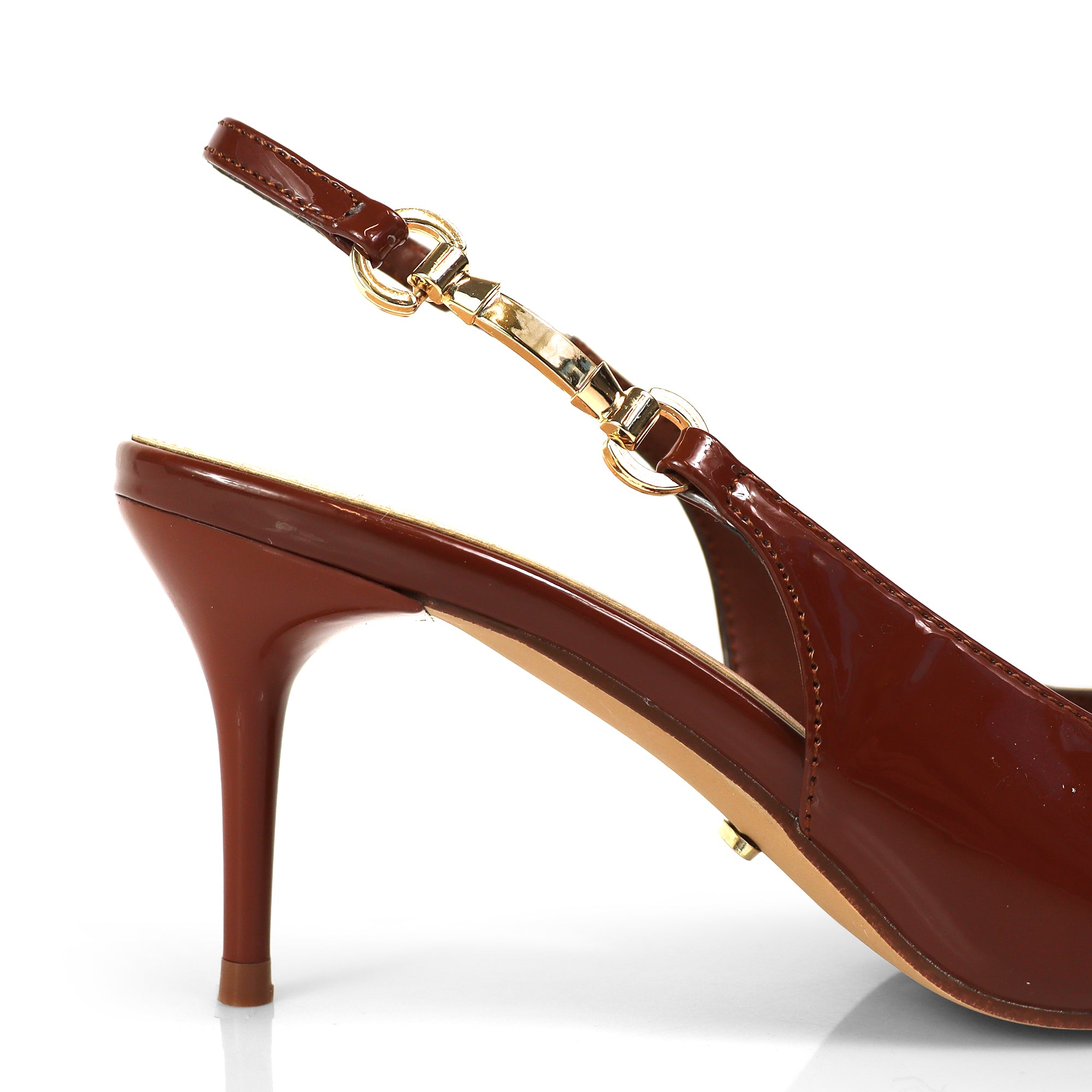 BARBARA-1 POINTED TOE HORSEBIT SLINGBACK PUMP W/ KITTEN HEEL MOCHA