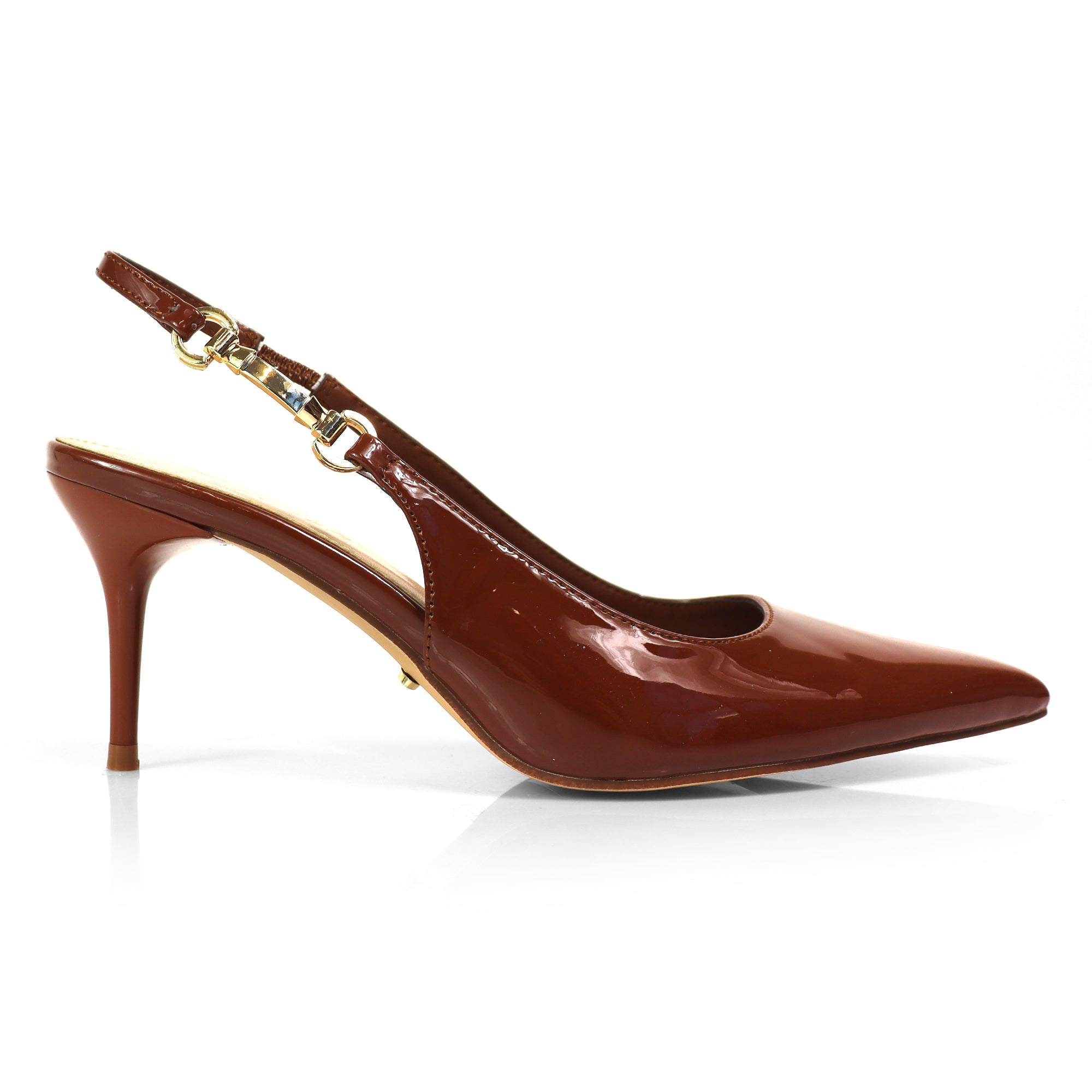 BARBARA-1 POINTED TOE HORSEBIT SLINGBACK PUMP W/ KITTEN HEEL MOCHA