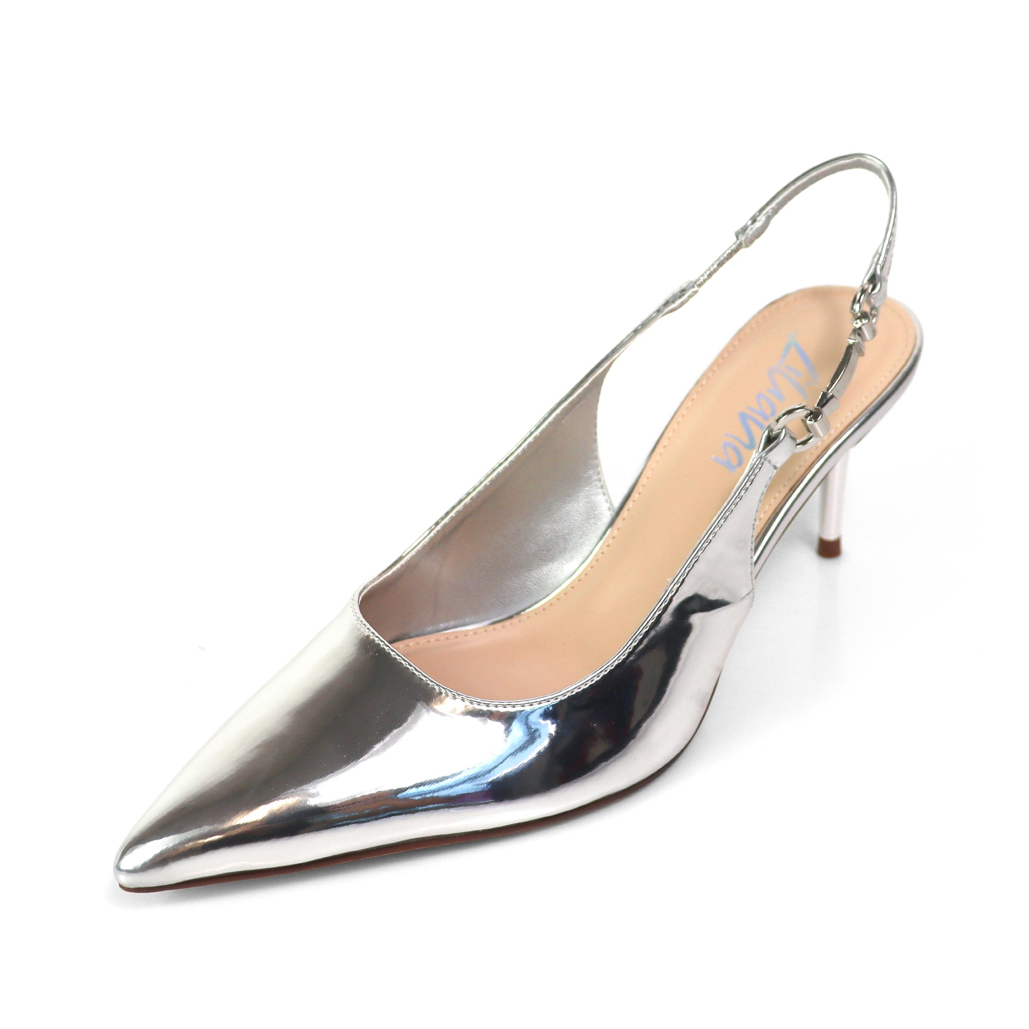 BARBARA-1 POINTED TOE HORSEBIT SLINGBACK PUMP W/ KITTEN HEEL SILVER