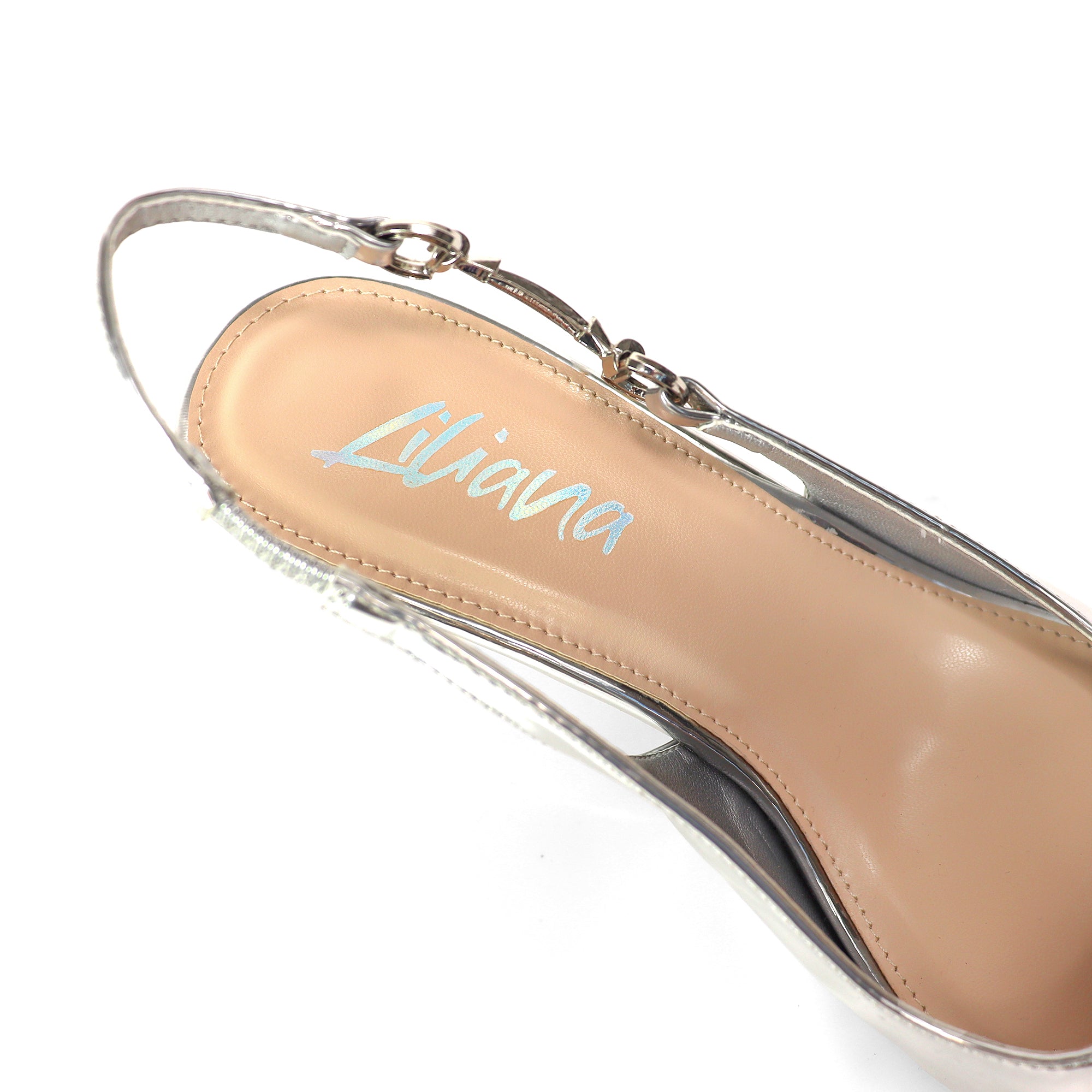 BARBARA-1 POINTED TOE HORSEBIT SLINGBACK PUMP W/ KITTEN HEEL SILVER