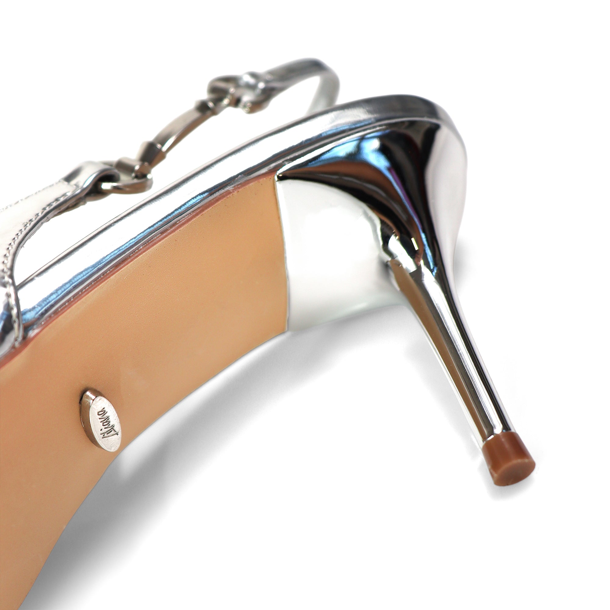 BARBARA-1 POINTED TOE HORSEBIT SLINGBACK PUMP W/ KITTEN HEEL SILVER