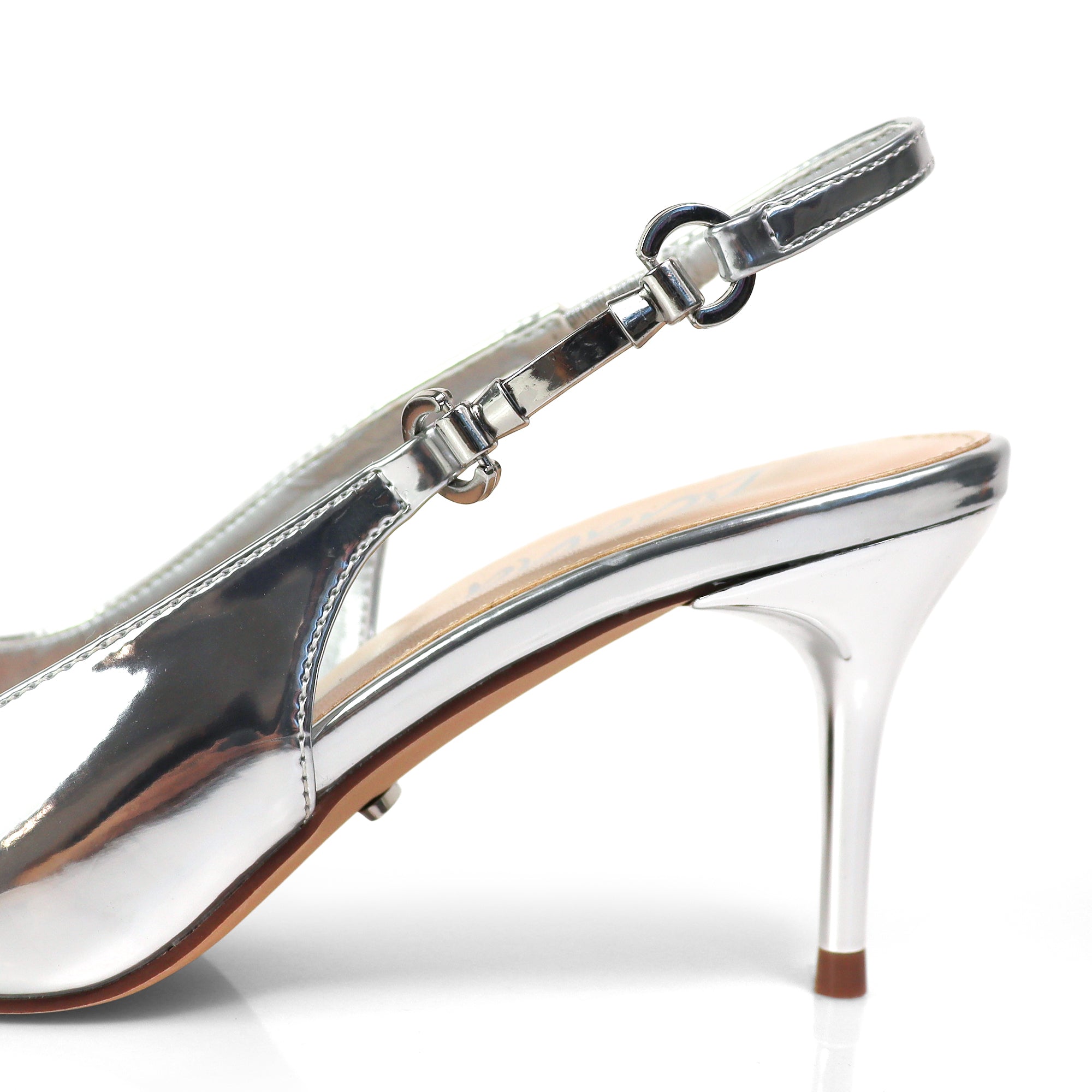 BARBARA-1 POINTED TOE HORSEBIT SLINGBACK PUMP W/ KITTEN HEEL SILVER