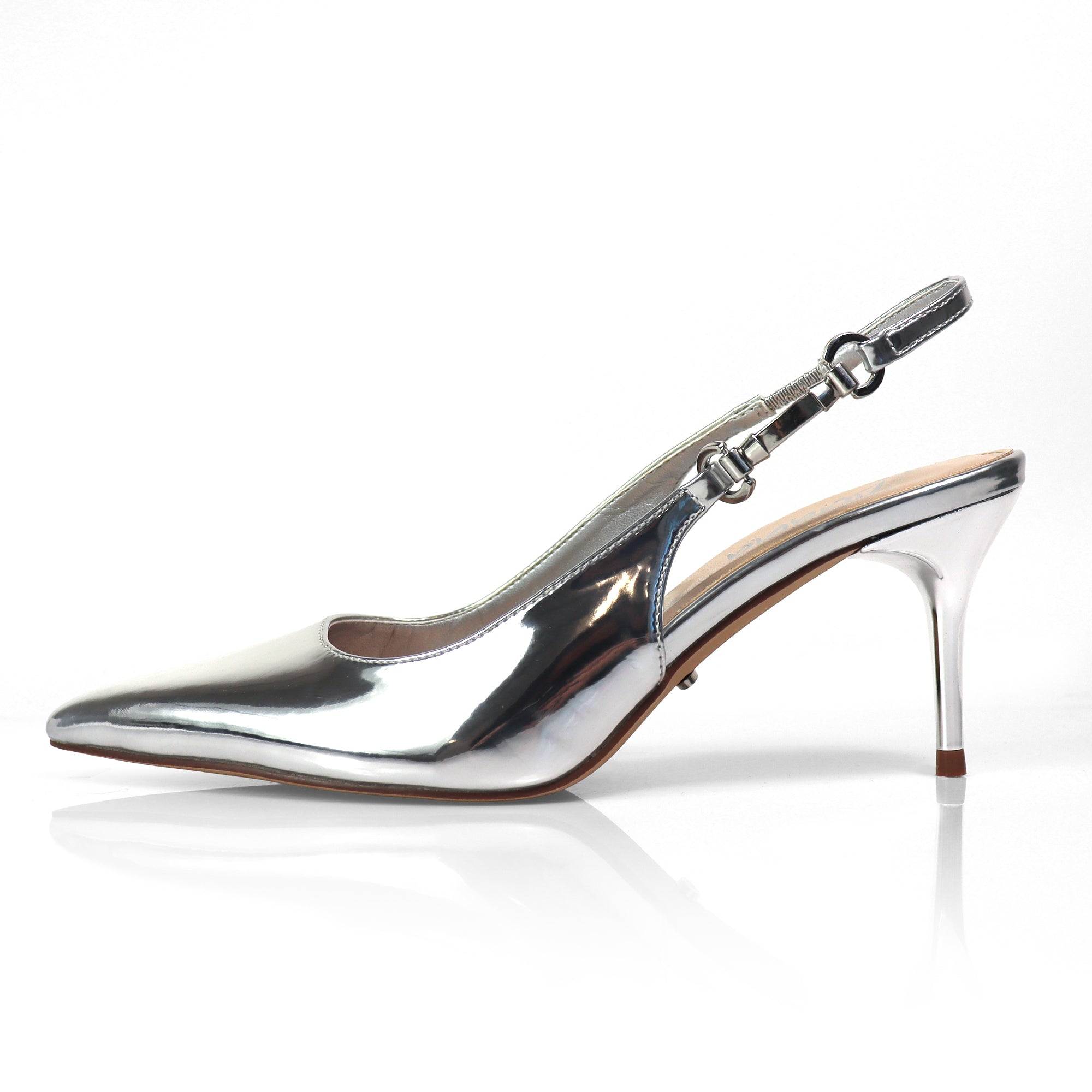 BARBARA-1 POINTED TOE HORSEBIT SLINGBACK PUMP W/ KITTEN HEEL SILVER