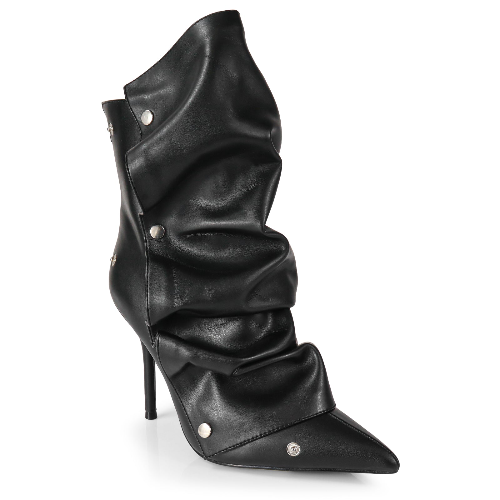 BEXIE-38 POINTED TOE PRESS STUD ANKLE HIGH BOOTIE W/STILETTO HEEL BLACK