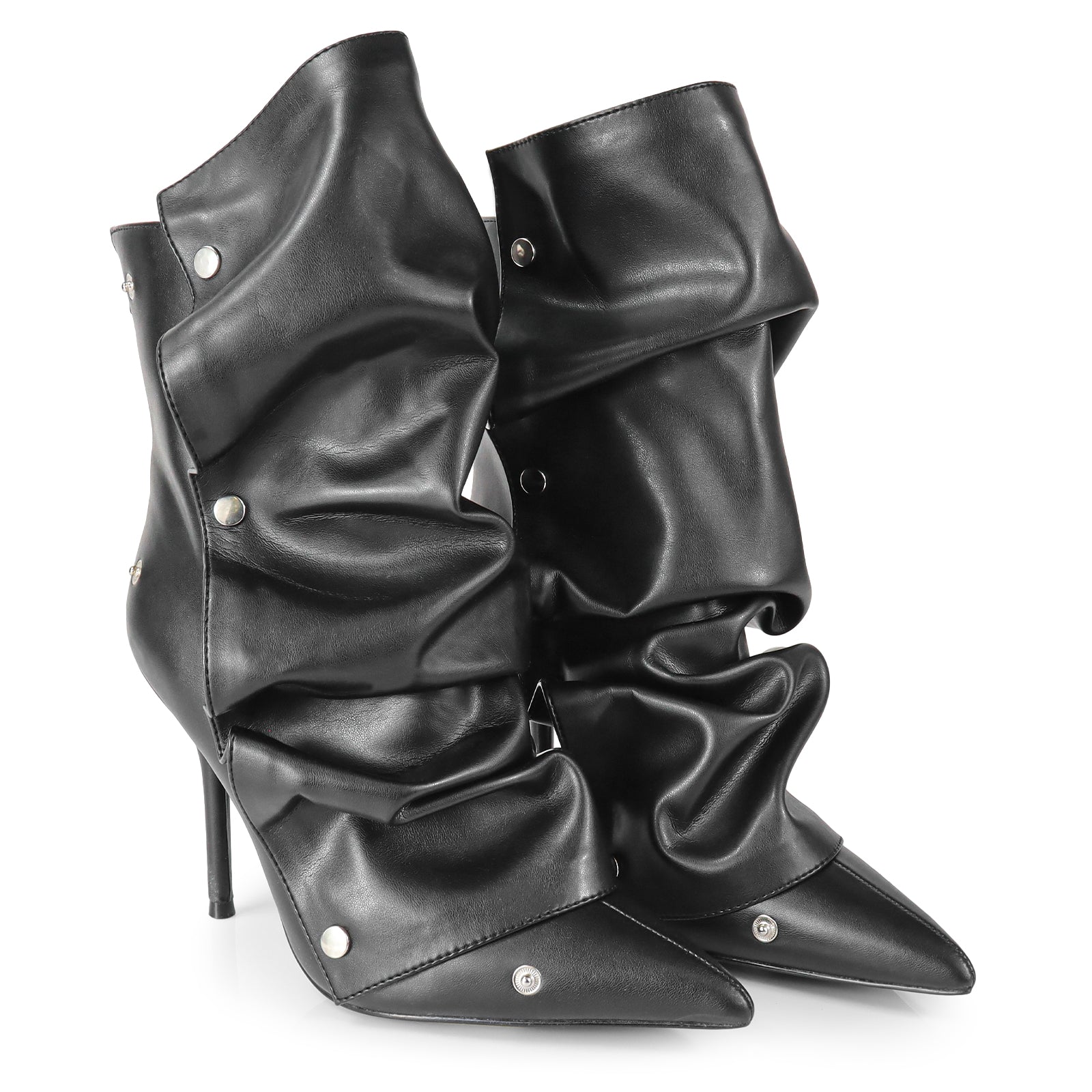 BEXIE-38 POINTED TOE PRESS STUD ANKLE HIGH BOOTIE W/STILETTO HEEL BLACK