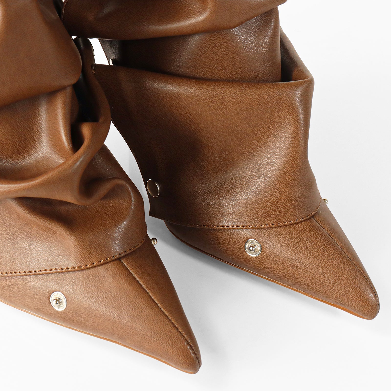 BEXIE-38 POINTED TOE PRESS STUD ANKLE HIGH BOOTIE W/STILETTO HEEL BROWN