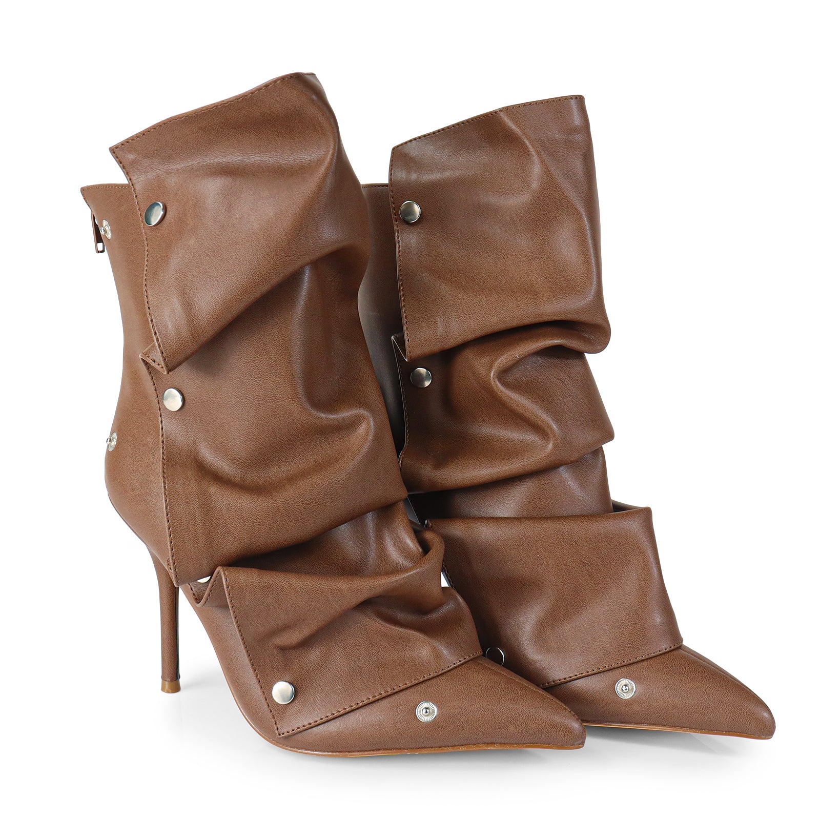 BEXIE-38 POINTED TOE PRESS STUD ANKLE HIGH BOOTIE W/STILETTO HEEL BROWN