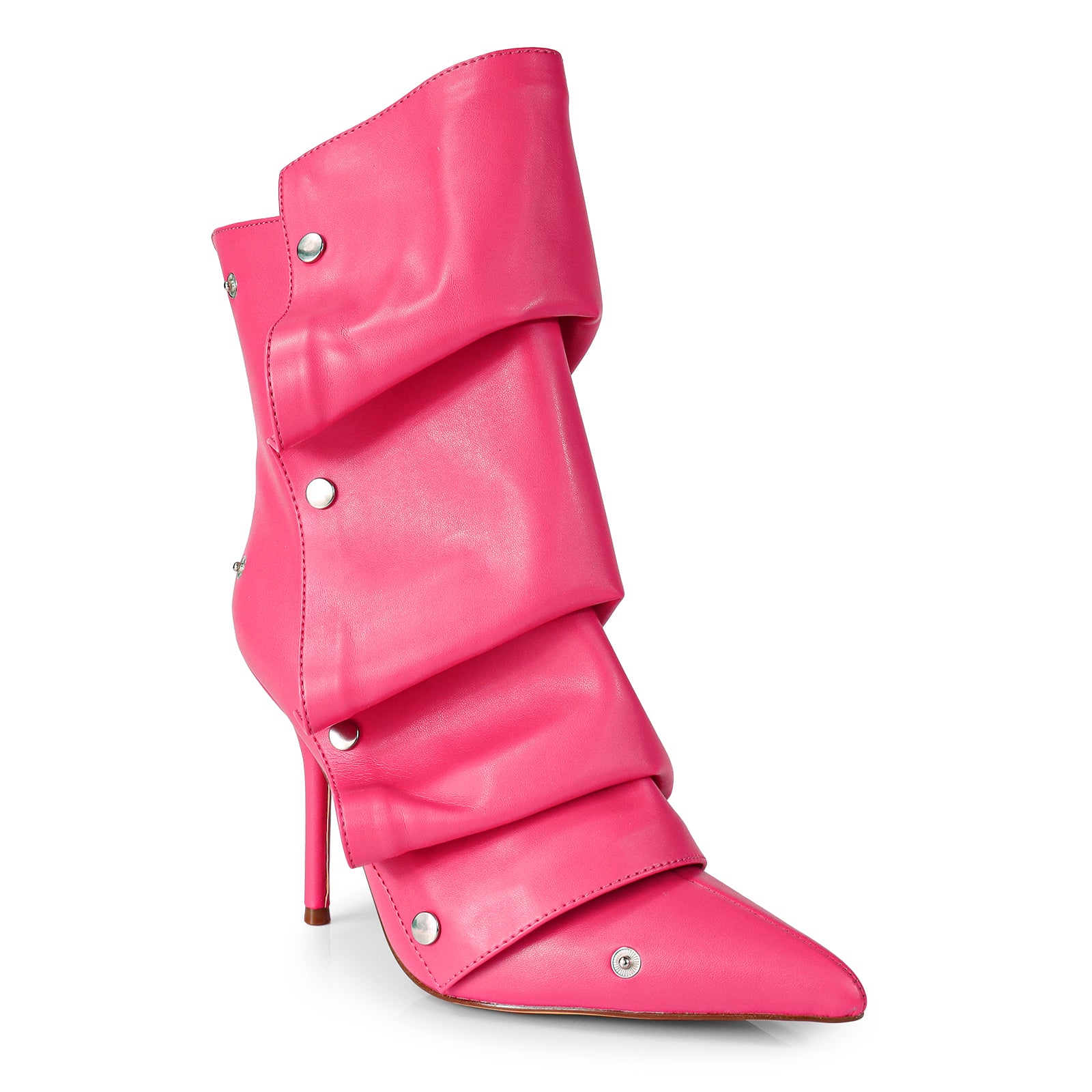 BEXIE-38 POINTED TOE PRESS STUD ANKLE HIGH BOOTIE W/STILETTO HEEL FUCHSIA