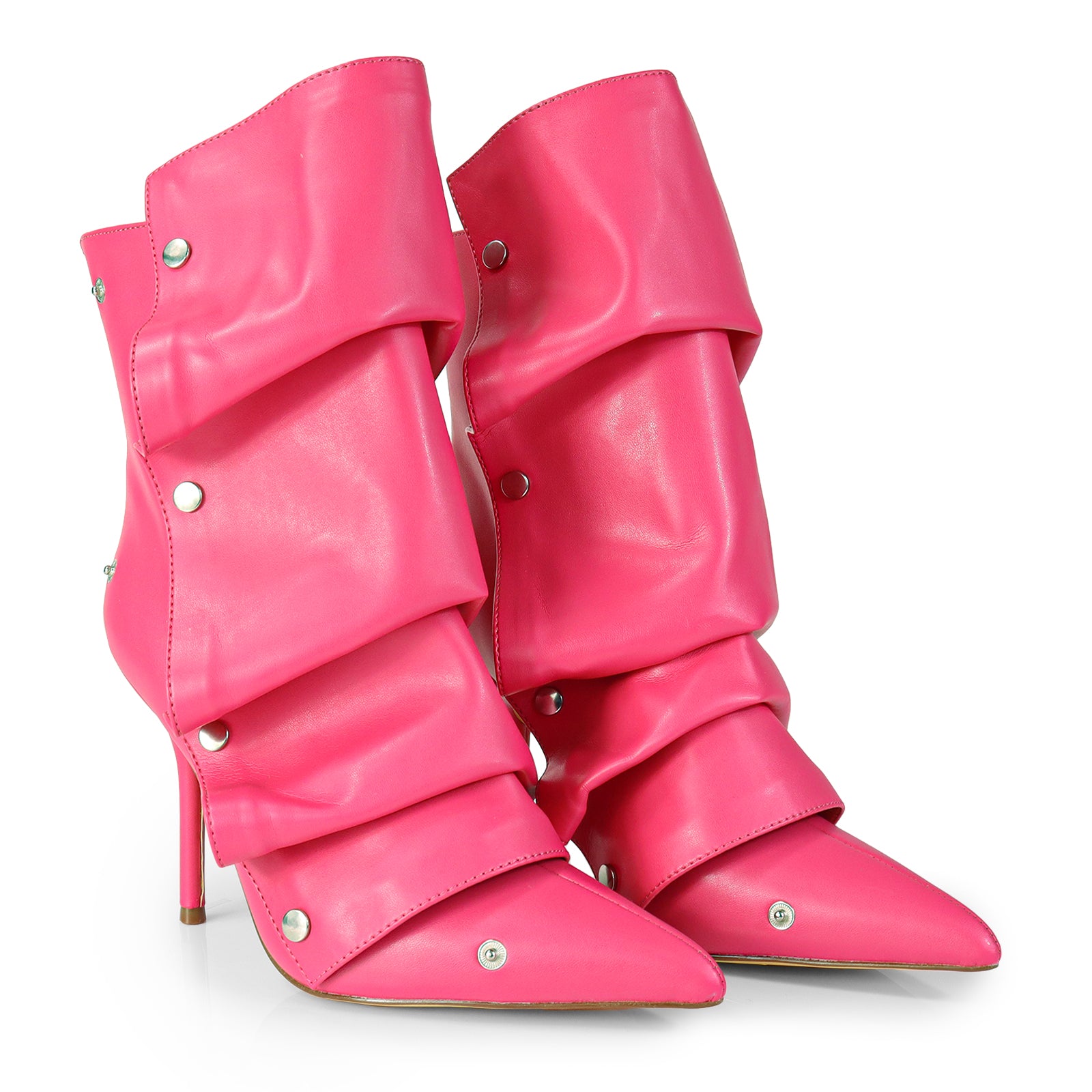 BEXIE-38 POINTED TOE PRESS STUD ANKLE HIGH BOOTIE W/STILETTO HEEL FUCHSIA