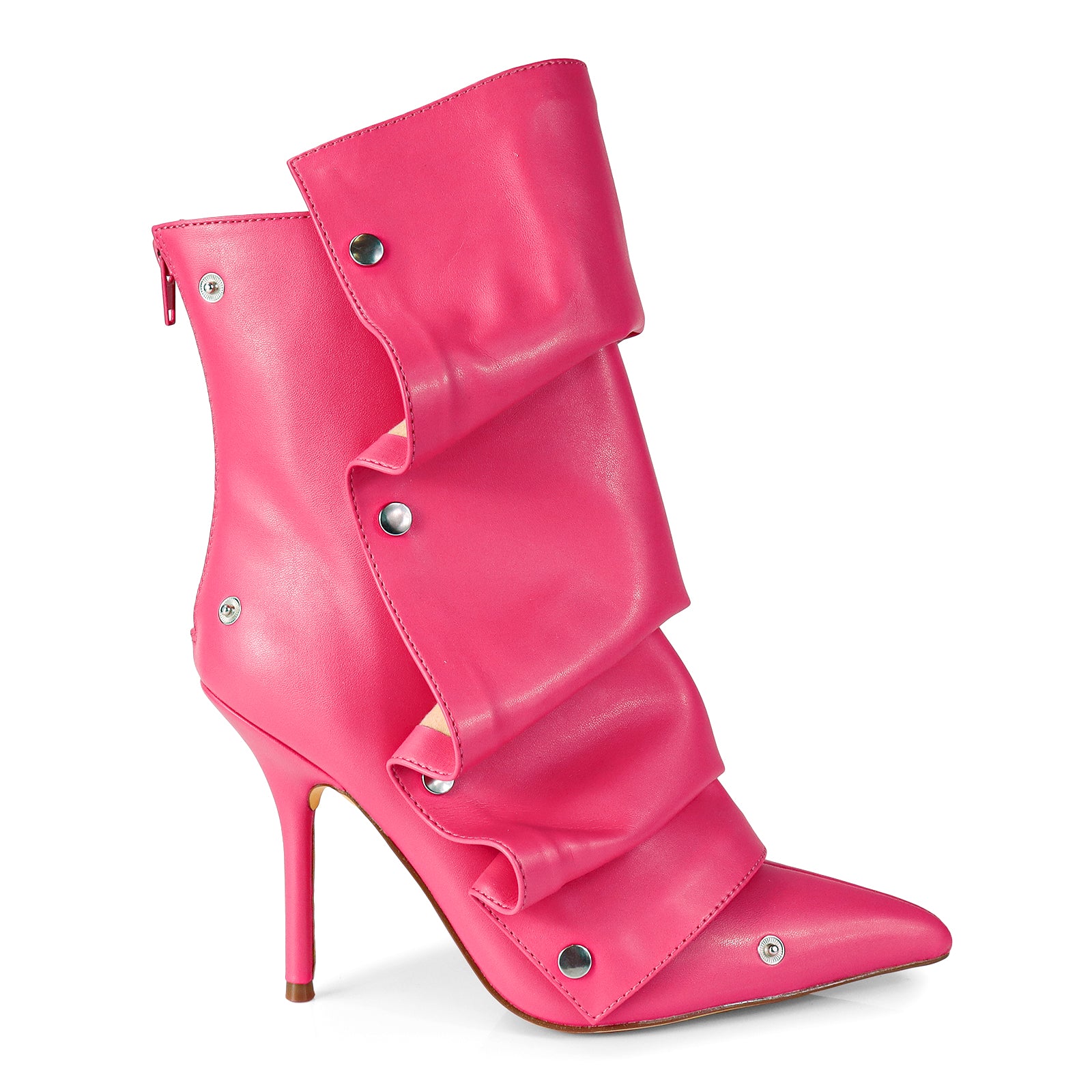 BEXIE-38 POINTED TOE PRESS STUD ANKLE HIGH BOOTIE W/STILETTO HEEL FUCHSIA