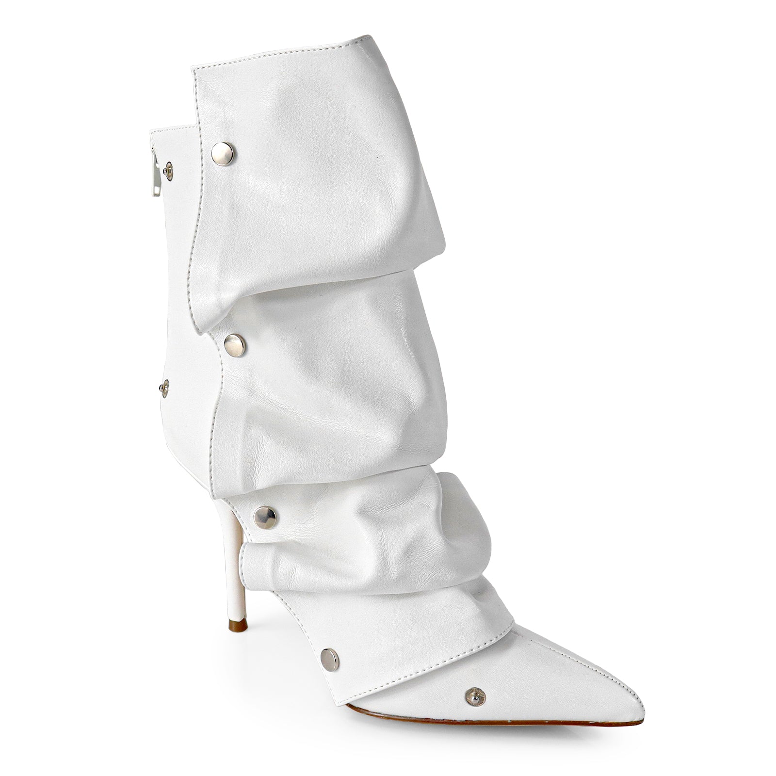 BEXIE-38 POINTED TOE PRESS STUD ANKLE HIGH BOOTIE W/STILETTO HEEL WHITE