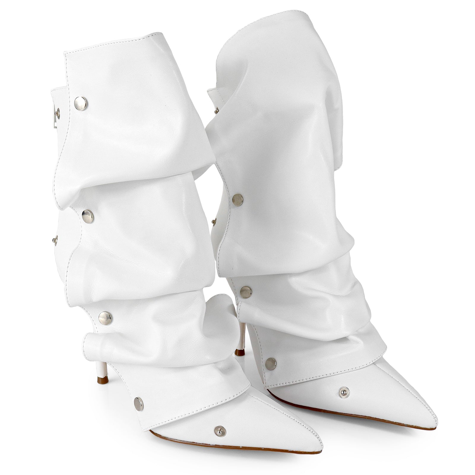 BEXIE-38 POINTED TOE PRESS STUD ANKLE HIGH BOOTIE W/STILETTO HEEL WHITE