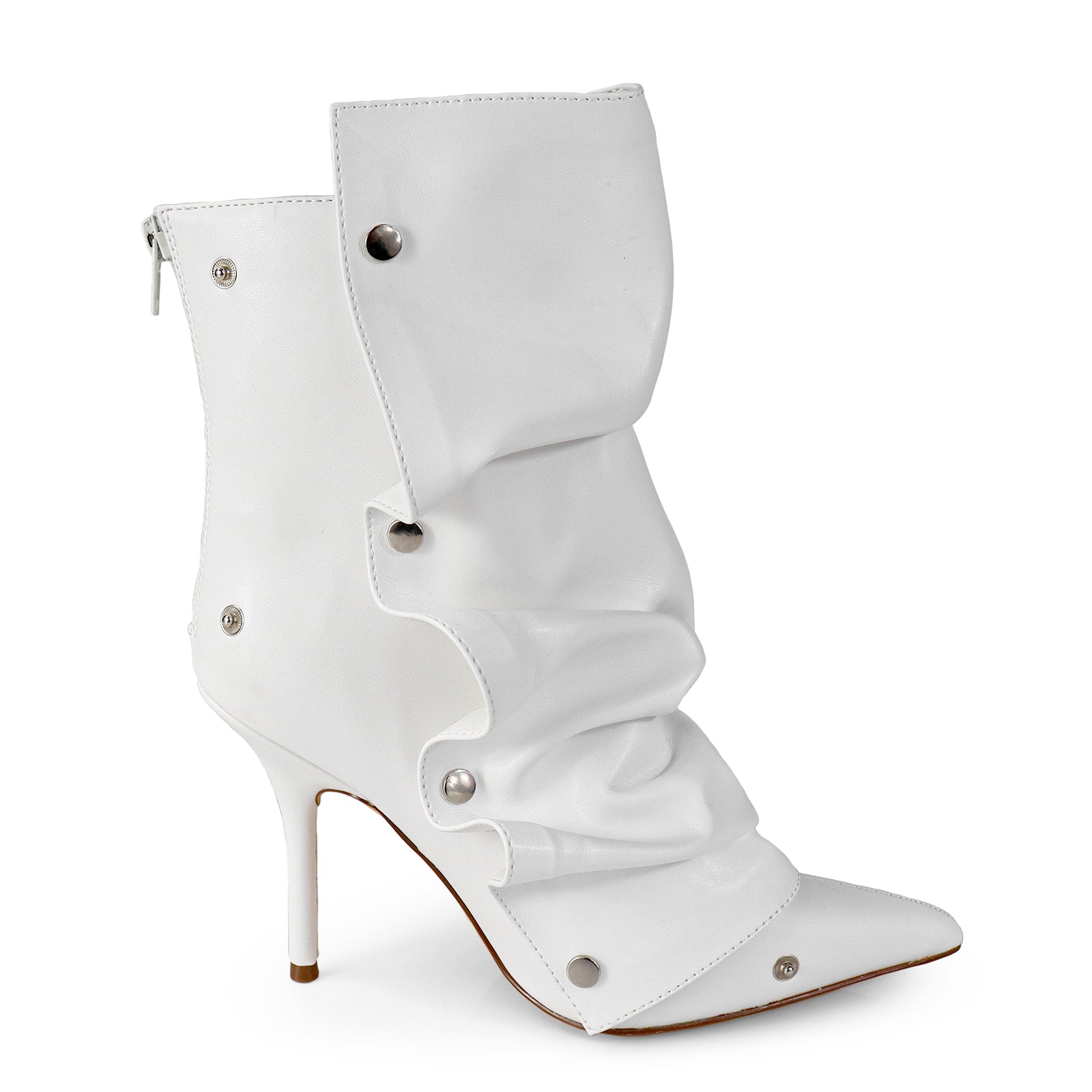 BEXIE-38 POINTED TOE PRESS STUD ANKLE HIGH BOOTIE W/STILETTO HEEL WHITE