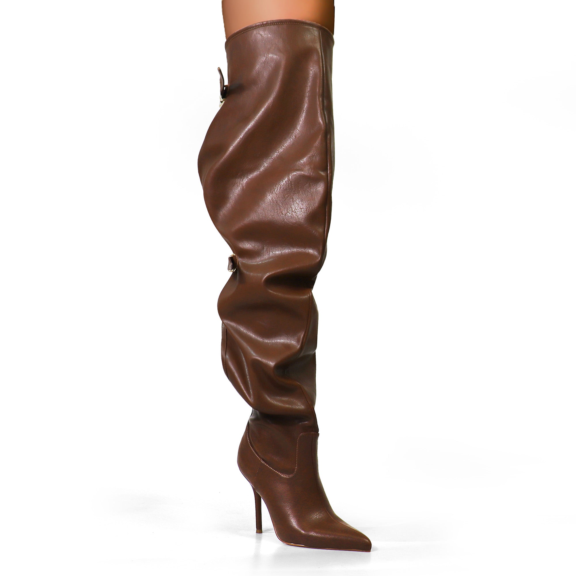 BEXIE-44 POINTED TOE SEXY SKY THIGH HIGH BELTED  BOOTS BROWN