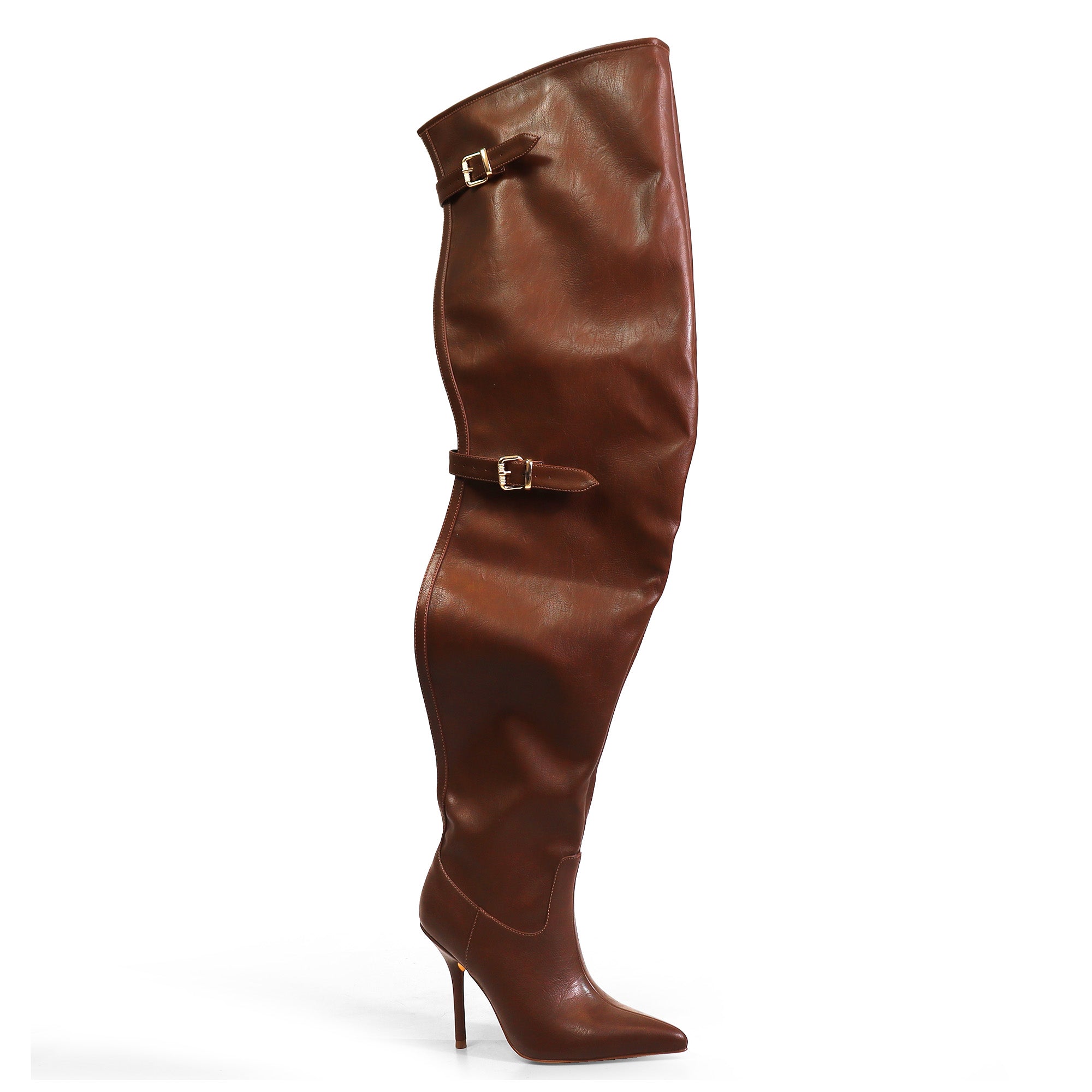 BEXIE-44 POINTED TOE SEXY SKY THIGH HIGH BELTED  BOOTS BROWN