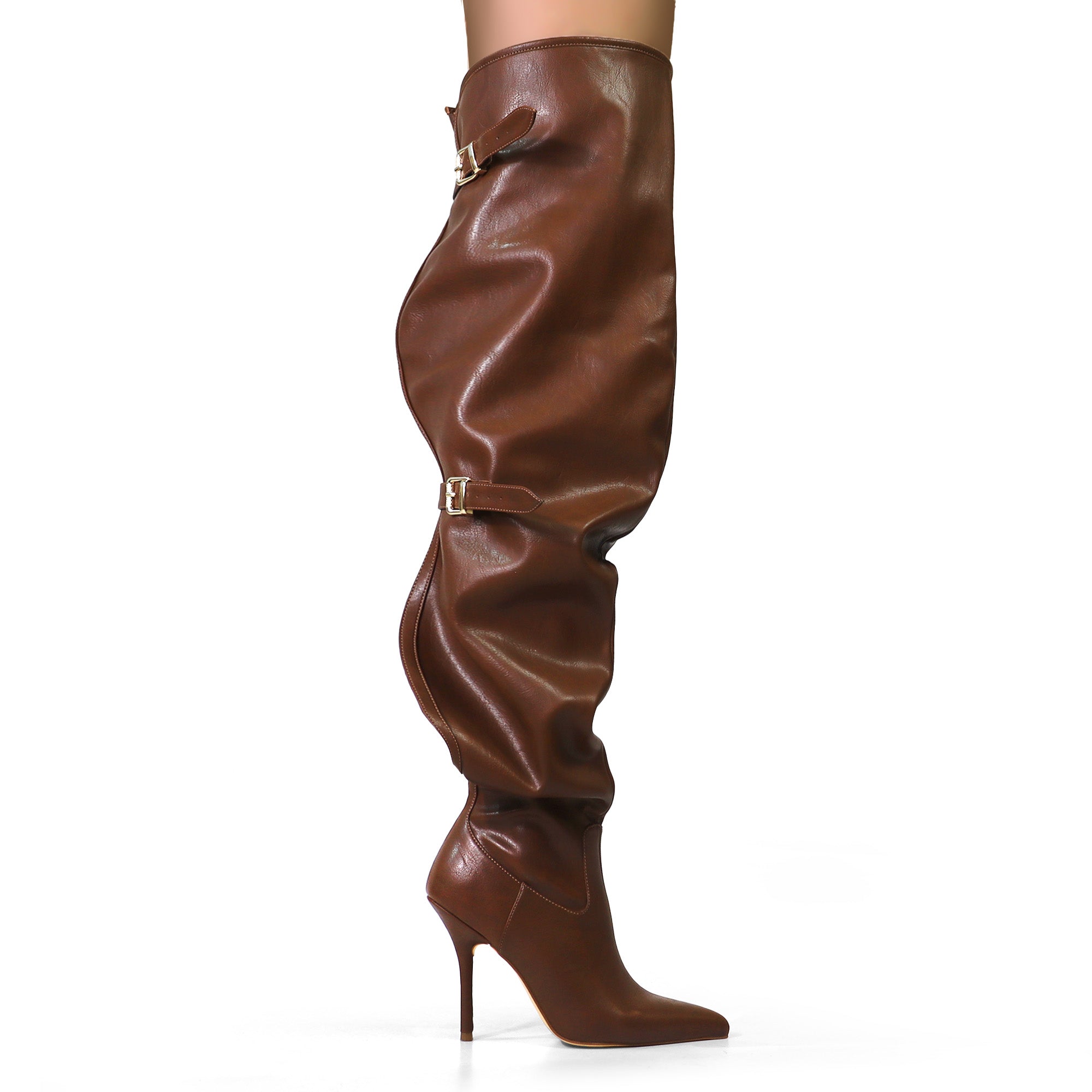 BEXIE-44 POINTED TOE SEXY SKY THIGH HIGH BELTED  BOOTS BROWN