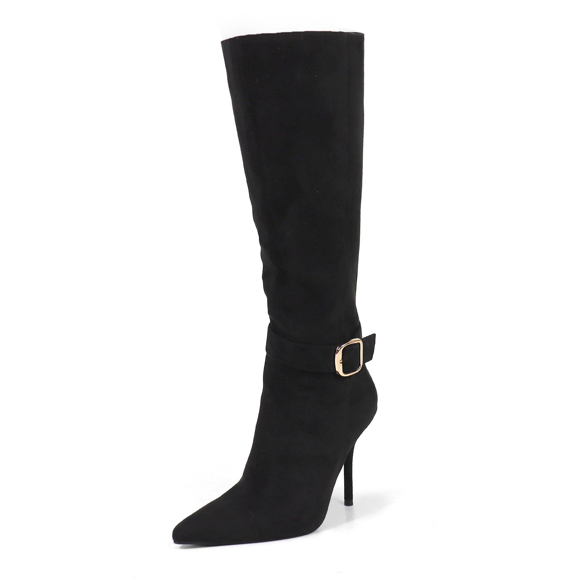BEXIE-55 POINTED TOE ANKLE BUCKLE KNEE HIGH BOOTS BLACK SUEDE