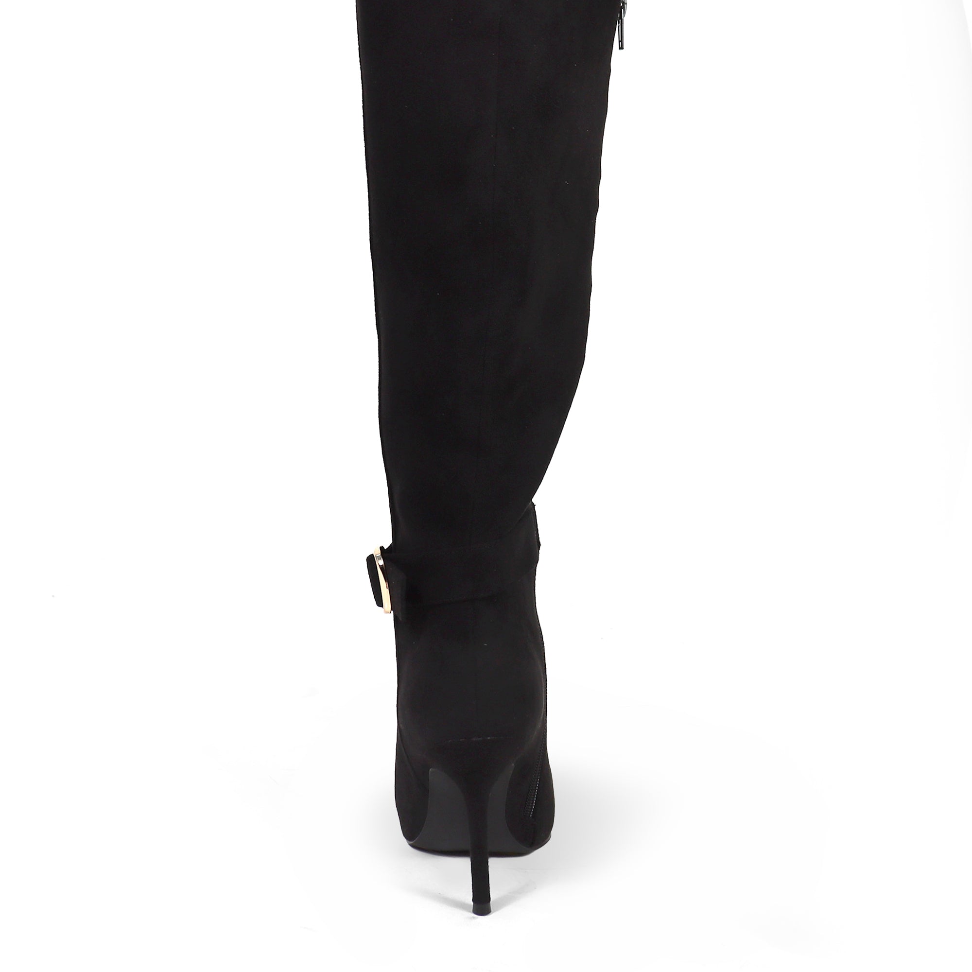 BEXIE-55 POINTED TOE ANKLE BUCKLE KNEE HIGH BOOTS BLACK SUEDE