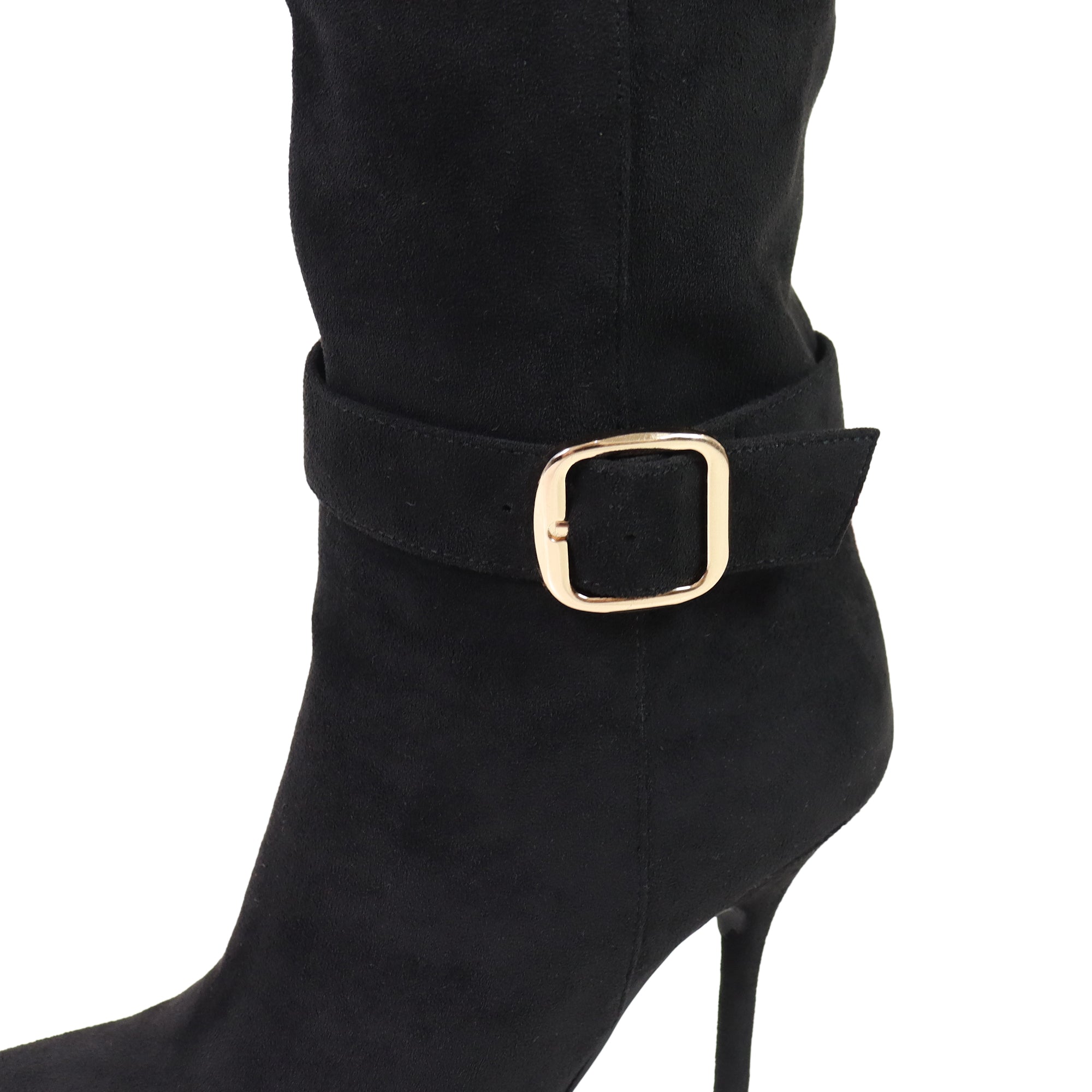 BEXIE-55 POINTED TOE ANKLE BUCKLE KNEE HIGH BOOTS BLACK SUEDE