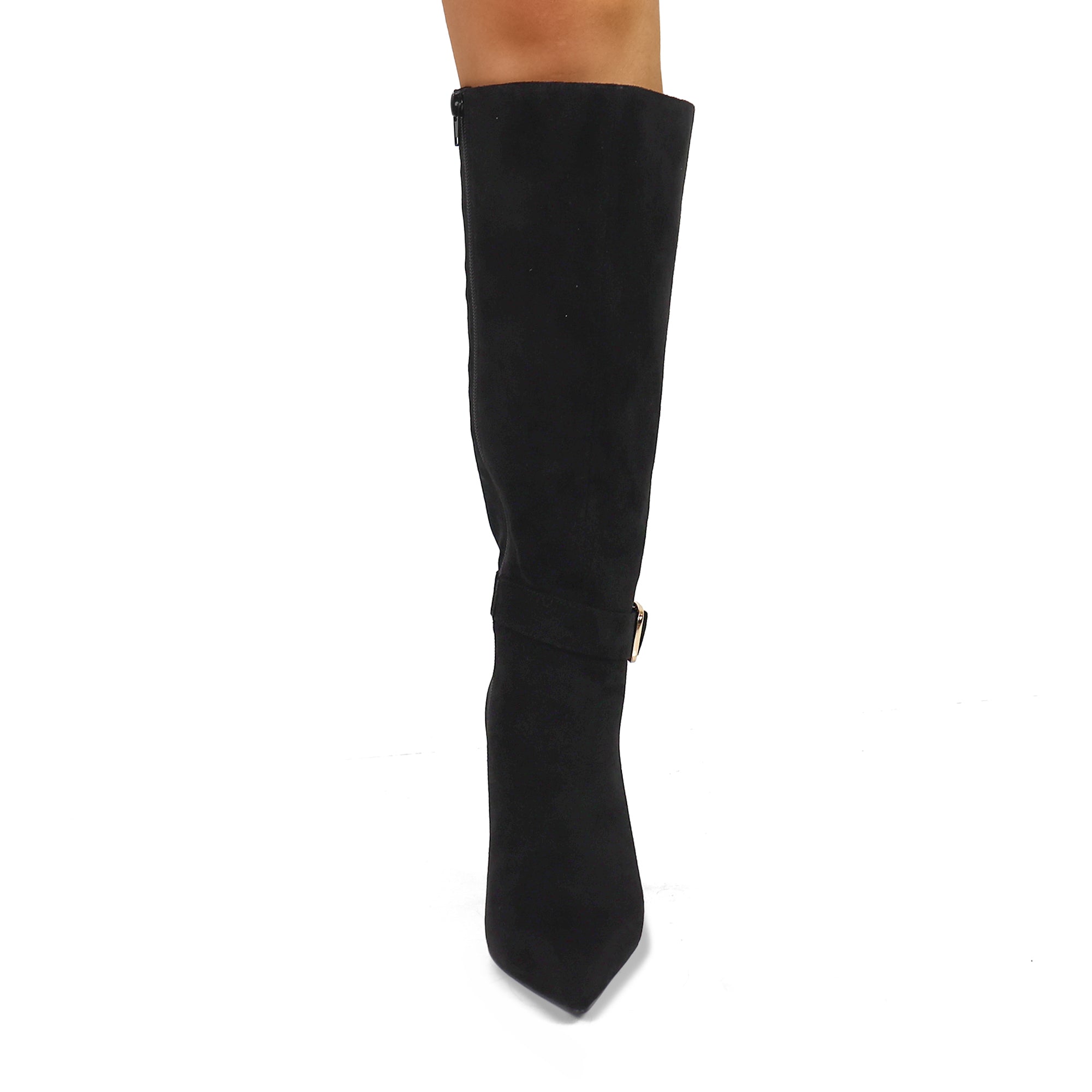 BEXIE-55 POINTED TOE ANKLE BUCKLE KNEE HIGH BOOTS BLACK SUEDE